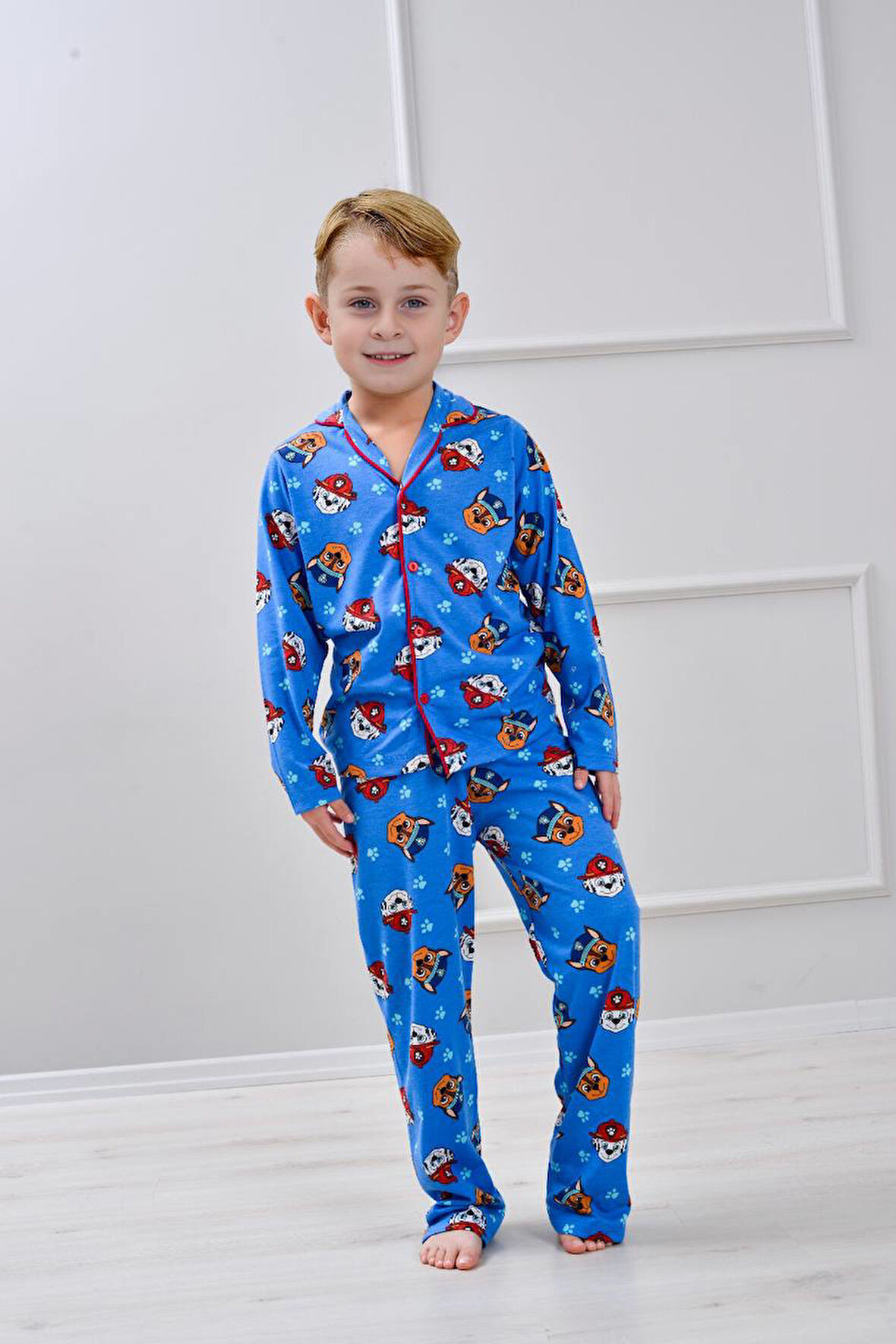 PJKÖ Paw Petrol Desenli Uzun Kollu Önden Düğmeli Erkek Çocuk Pijama Takımı 4-12 Yaş 517U