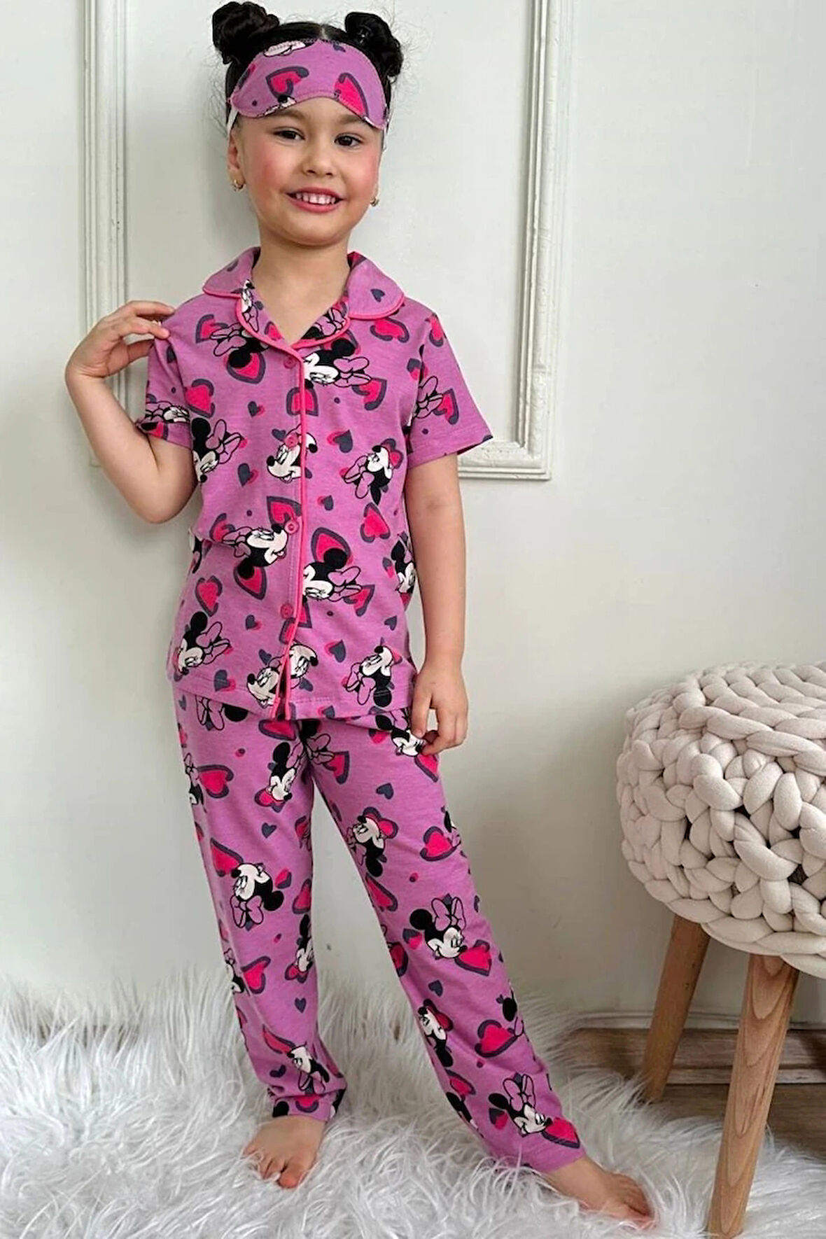 PJKÖ Minnie Mause Desenli Mor Kısa Kollu Önden Düğmeli Kız Çocuk Pijama Takımı 4-12 Yaş 543K