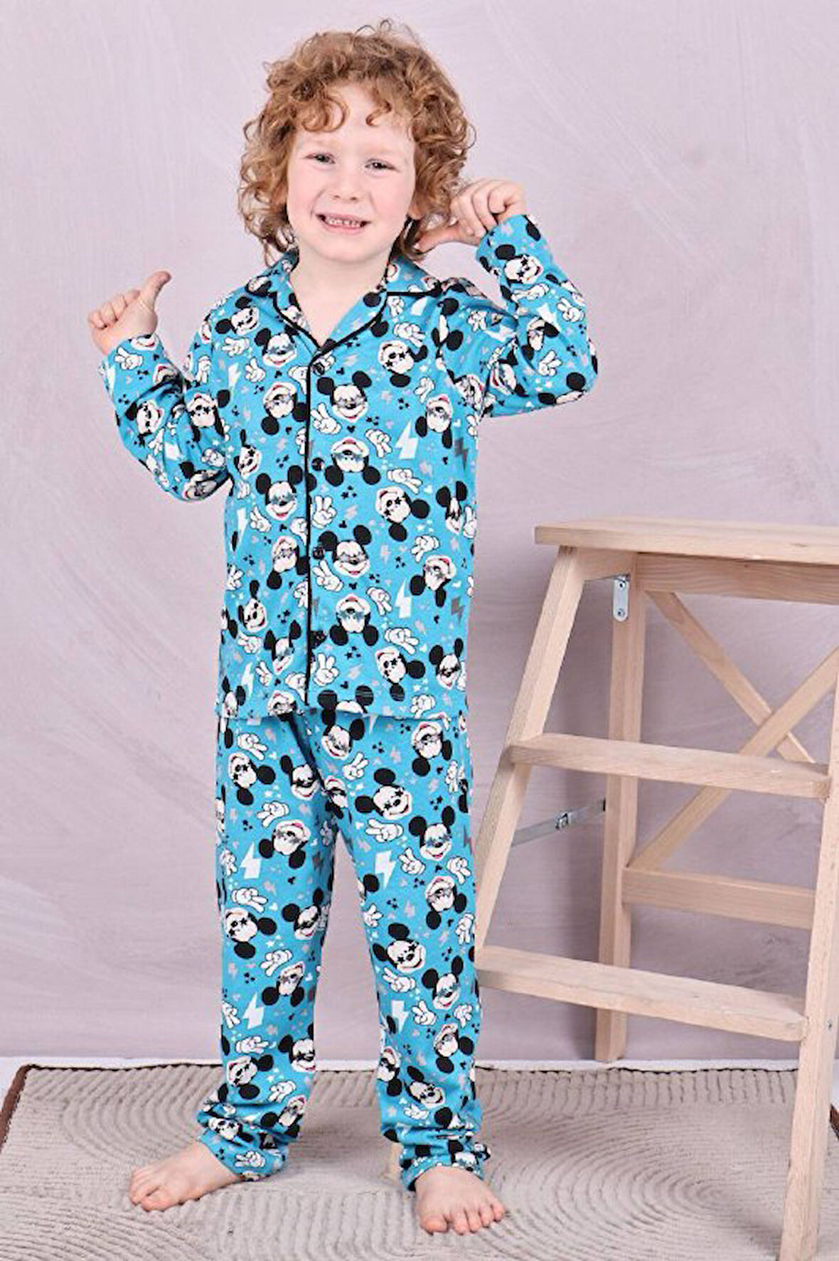 PJKÖ M.Mause Desenli Mavi Uzun Kollu Önden Düğmeli Erkek Çocuk Pijama Takımı 4-12 Yaş 544U