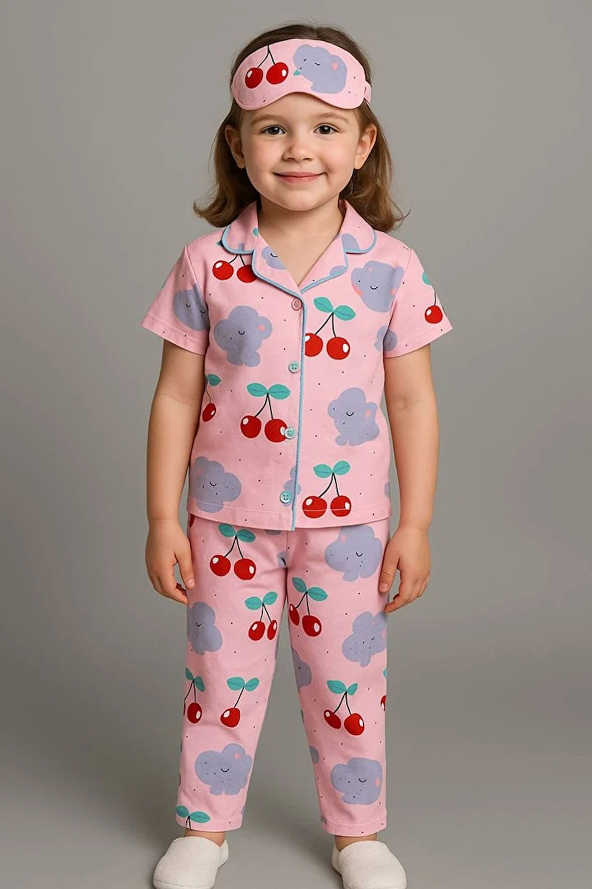 PJKÖ Kiraz Desenli Pembe Kısa Kollu Önden Düğmeli Kız Çocuk Pijama Takımı 4-12 Yaş 577K