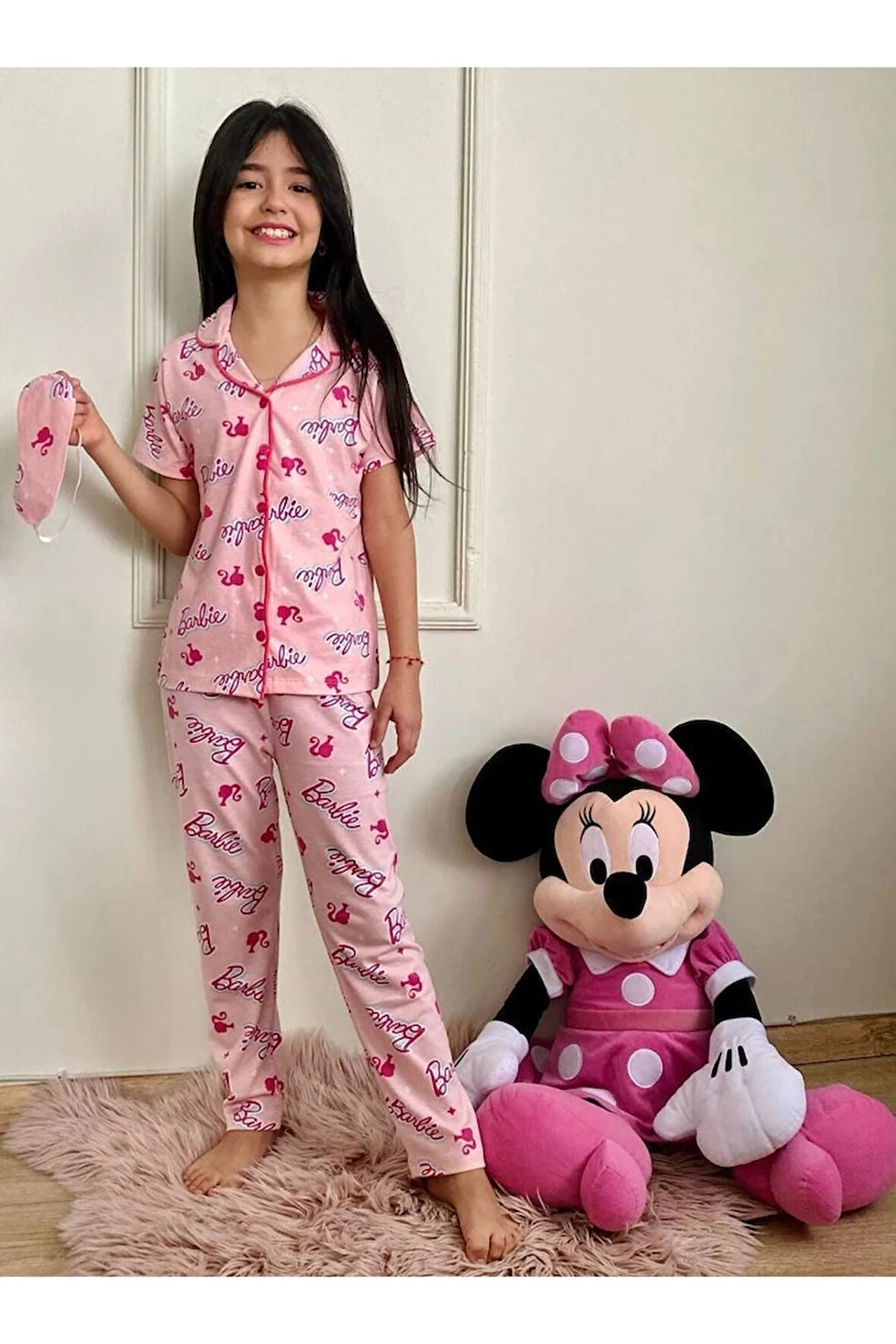 PJKÖ Barbie Desenli Pembe Kısa Kollu Önden Düğmeli Kız Çocuk Pijama Takımı 4-12 Yaş 592K