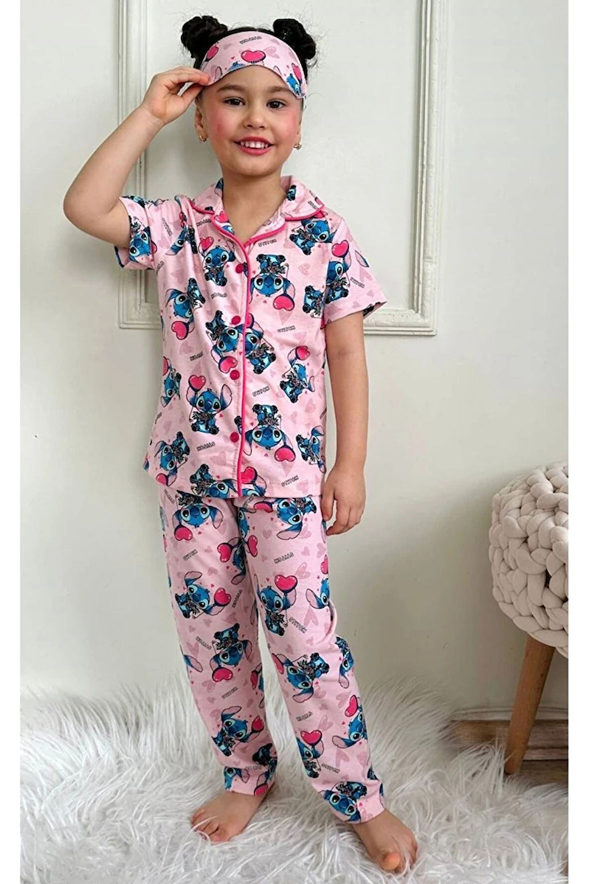 PJKÖ Stitch Desenli Pembe Kısa Kollu Önden Düğmeli Kız Çocuk Pijama Takımı 4-12 Yaş 719K