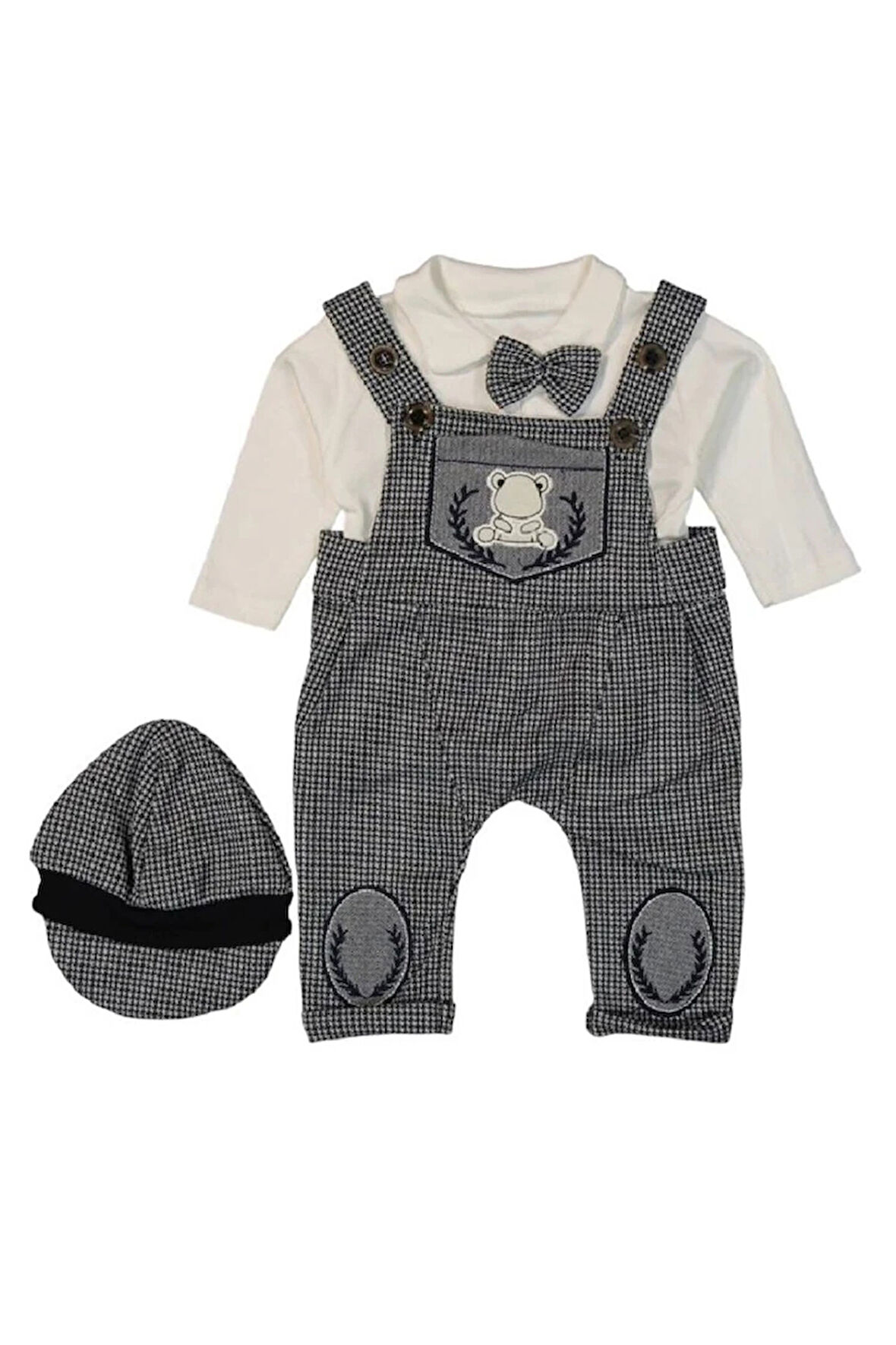 %100 Pamuk Yakalı Penyeli Ayıcık Nakışlı Kasket Şapkalı Tulum 3-12 Ay 2674-S