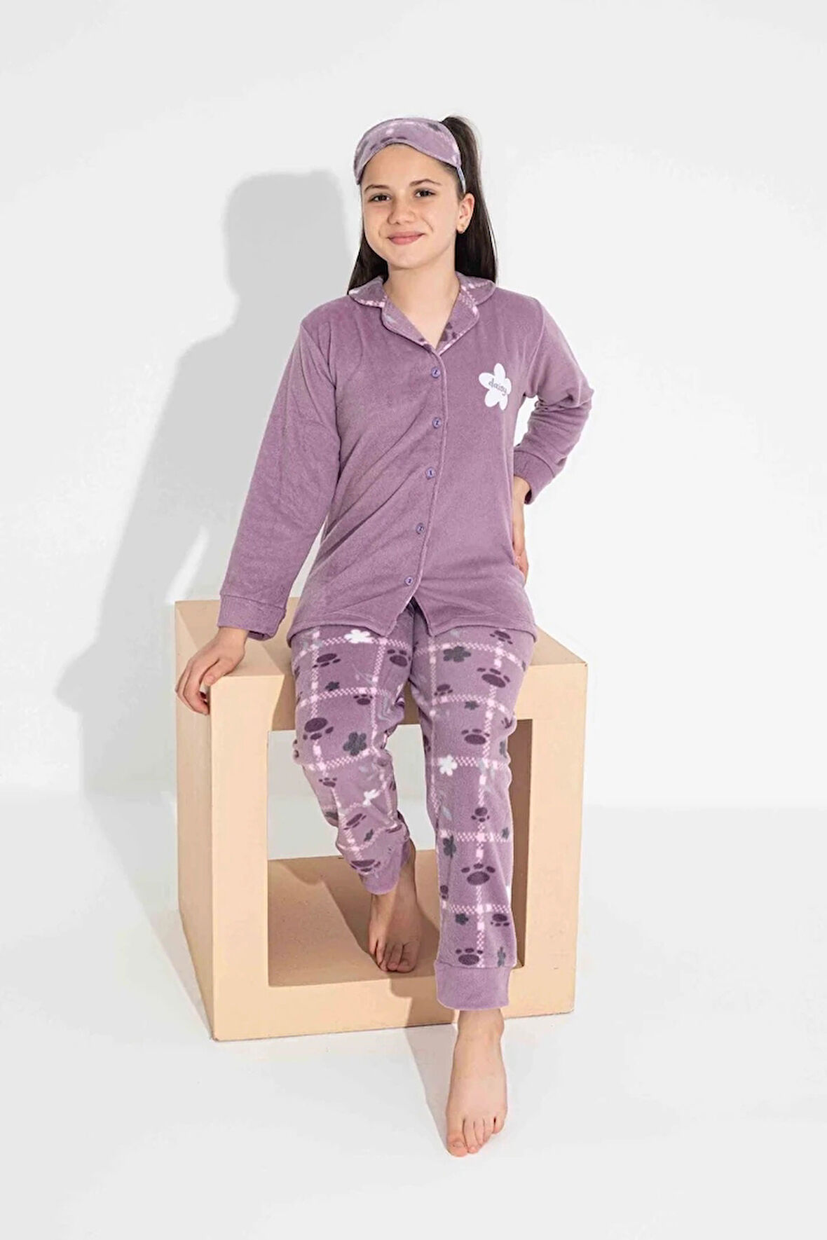 TARP Lila Önden Düğmeli Polar Kız Çocuk Pijama Takımı 4-15 Yaş 2700-2701-2702-L