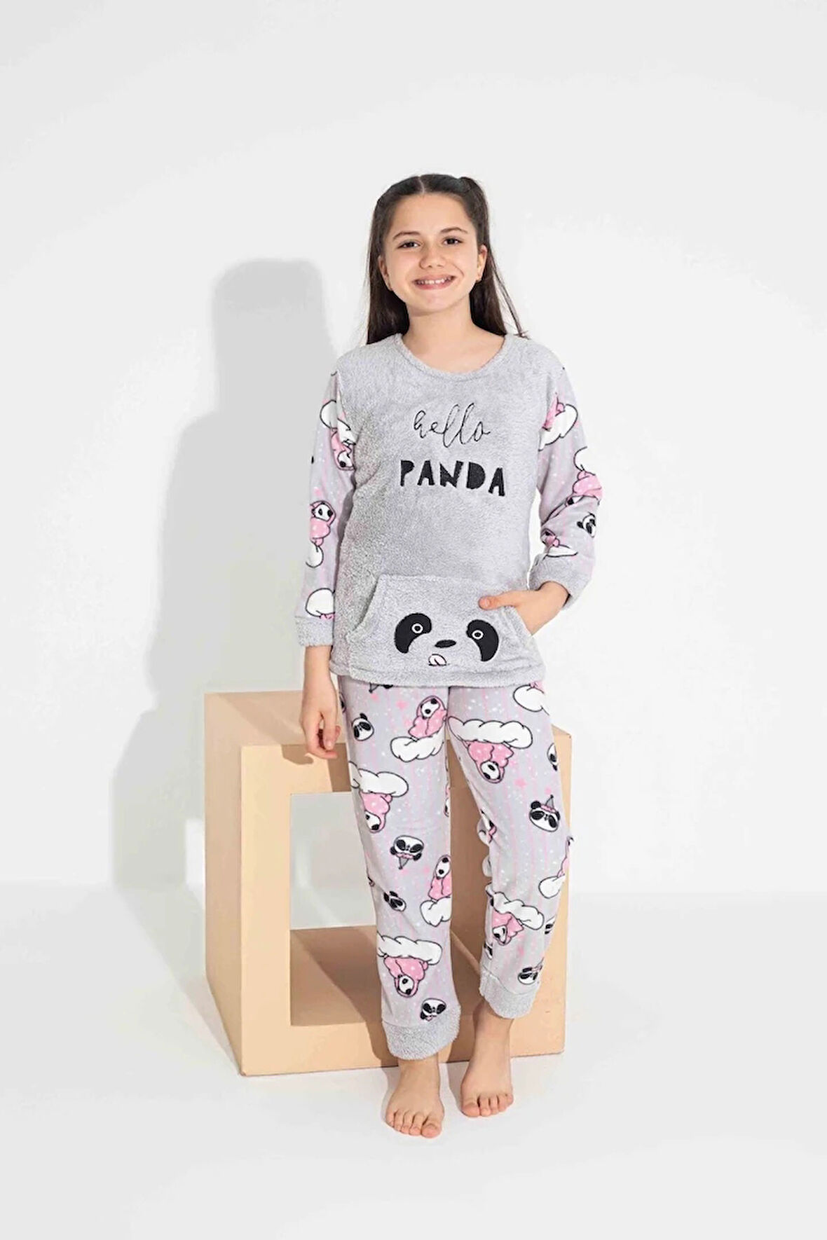 TARP Gri Panda Nakışlı Polar Kız Çocuk Pijama Takımı 4-15 Yaş 2706-2707-2708-G