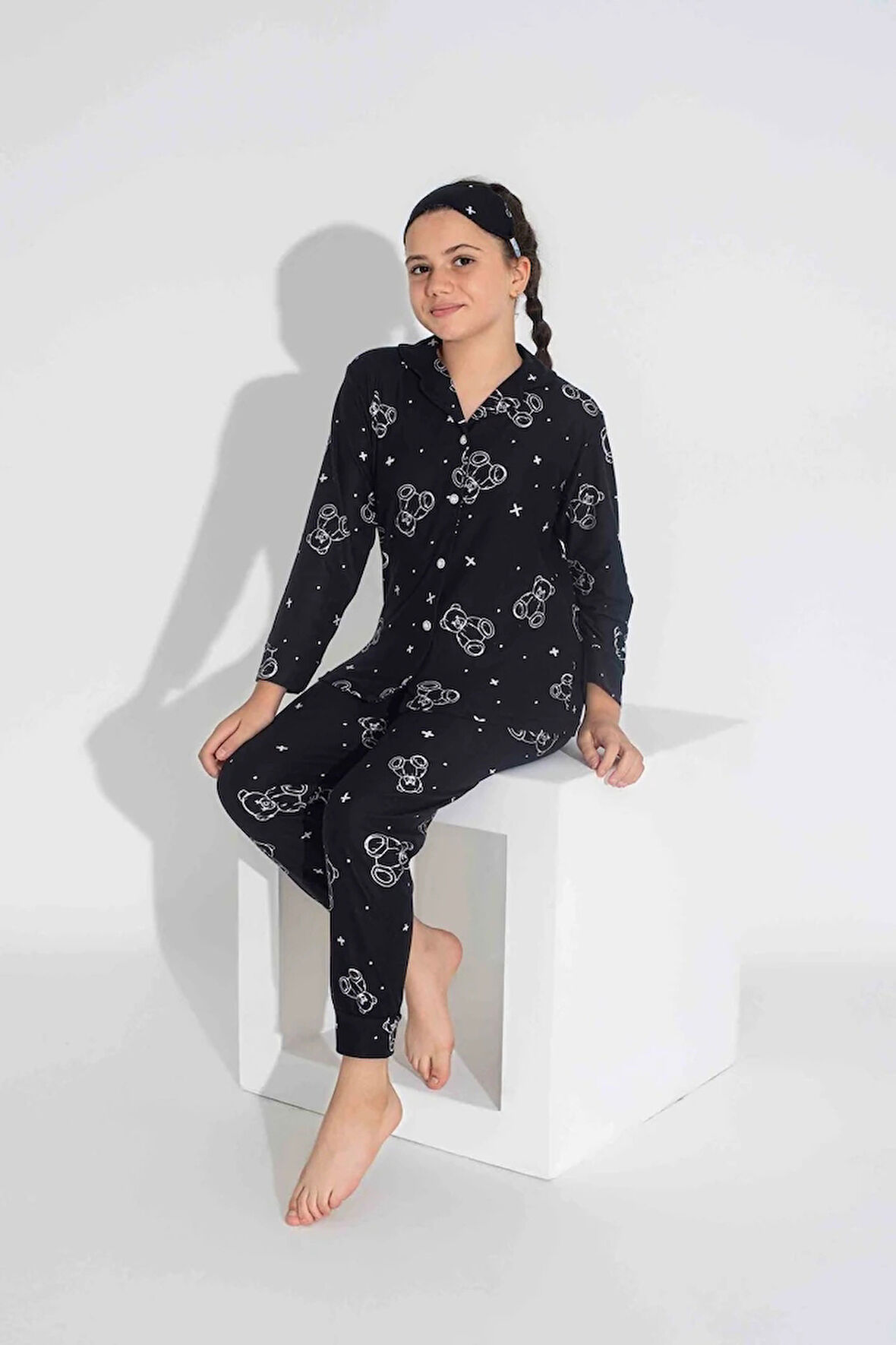 TARP Siyah Süet Önden Düğmeli Kız Çocuk Pijama Takımı 5-9 Yaş 2723-9-S