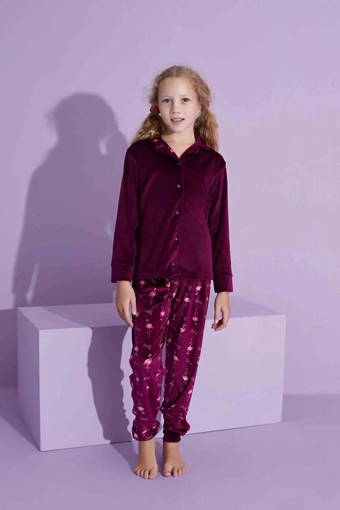 TARP Bordo Kadife Önden Düğmeli Kız Çocuk Pijama Takımı 5-15 Yaş 2799-2800-B