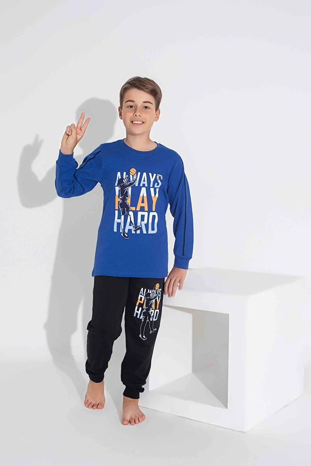 TARP Mavi Basketbol Baskılı İnterlok Erkek Çocuk Pijama Takımı 3-11 Yaş 3734-3735-M