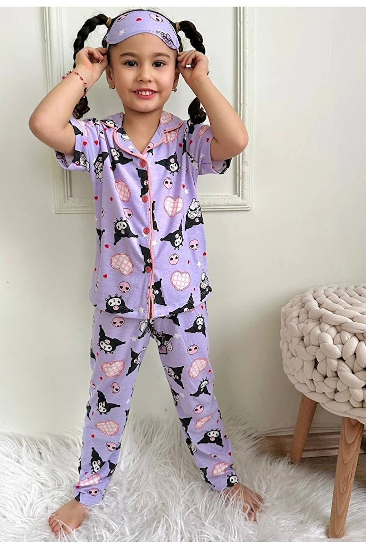 PJKÖ Kuromi Desenli Lila Kısa Kollu Önden Düğmeli Kız Çocuk Pijama Takımı 4-12 Yaş 501K-L
