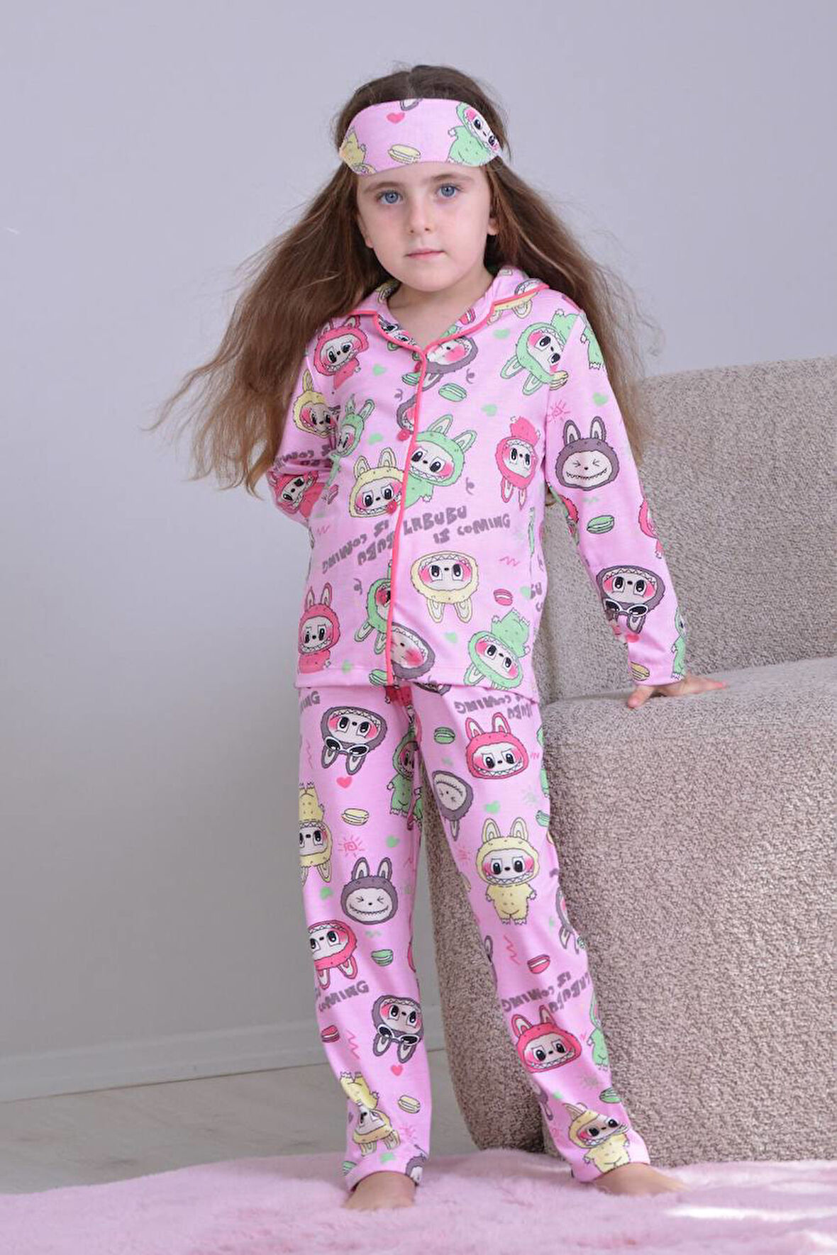 PJKÖ Labubu Desenli Pembe Uzun Kollu Önden Düğmeli Kız Çocuk Pijama Takımı 4-12 Yaş 502U
