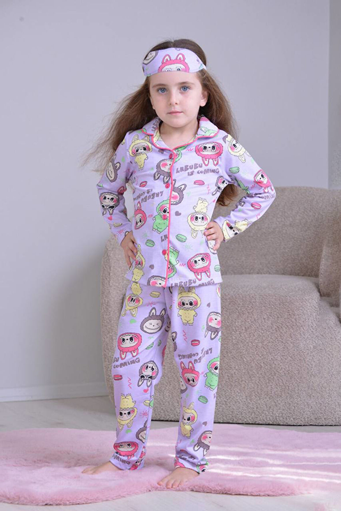 PJKÖ Labubu Desenli Lila Uzun Kollu Önden Düğmeli Kız Çocuk Pijama Takımı 4-12 Yaş 503U