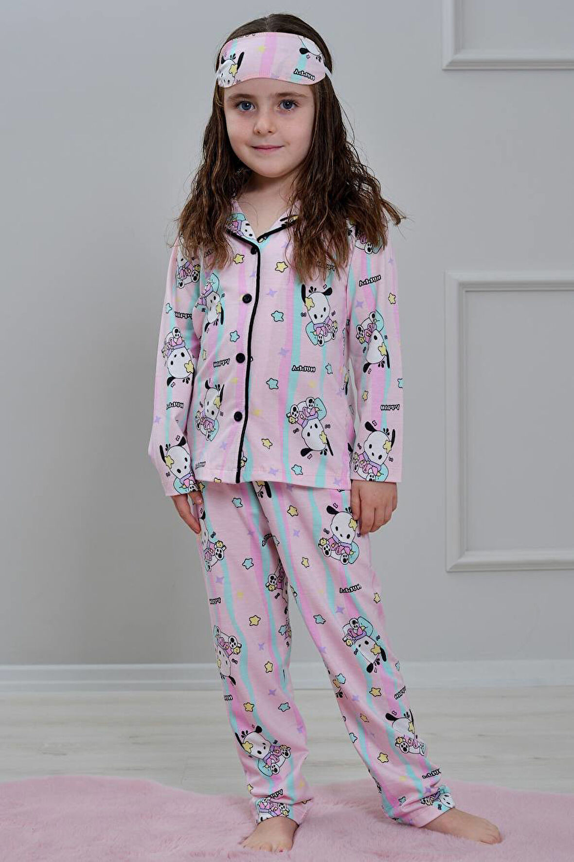 PJKÖ Şapşik Köpekçik Desenli Pembe Uzun Kollu Önden Düğmeli Kız Çocuk Pijama Takımı 4-12 Yaş 507U