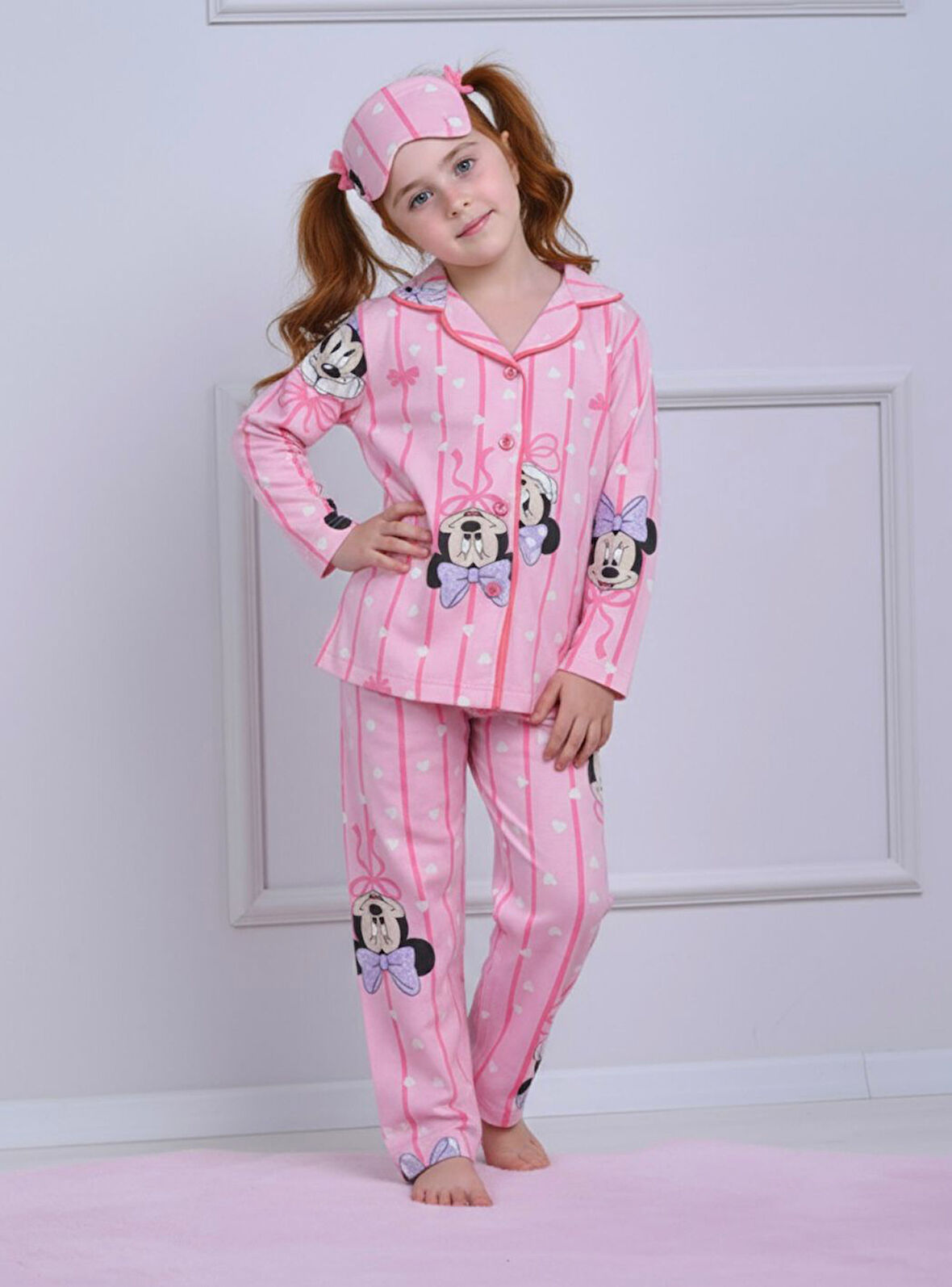 PJKÖ Min. Mause Desenli Pembe Uzun Kollu Önden Düğmeli Kız Çocuk Pijama Takımı 4-12 Yaş 508U