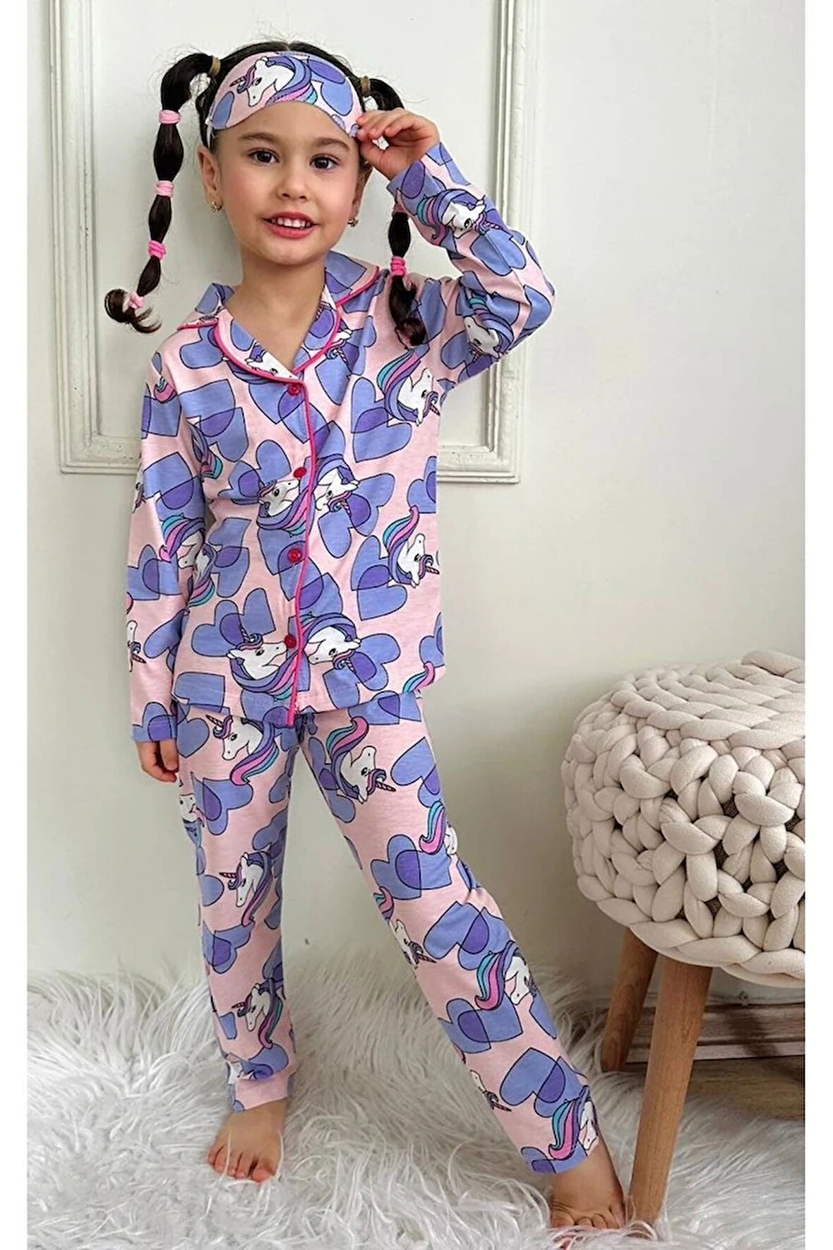 PJKÖ Kalpli Unicorn Desenli Lila Uzun Kollu Önden Düğmeli Kız Çocuk Pijama Takımı 4-12 Yaş 534U