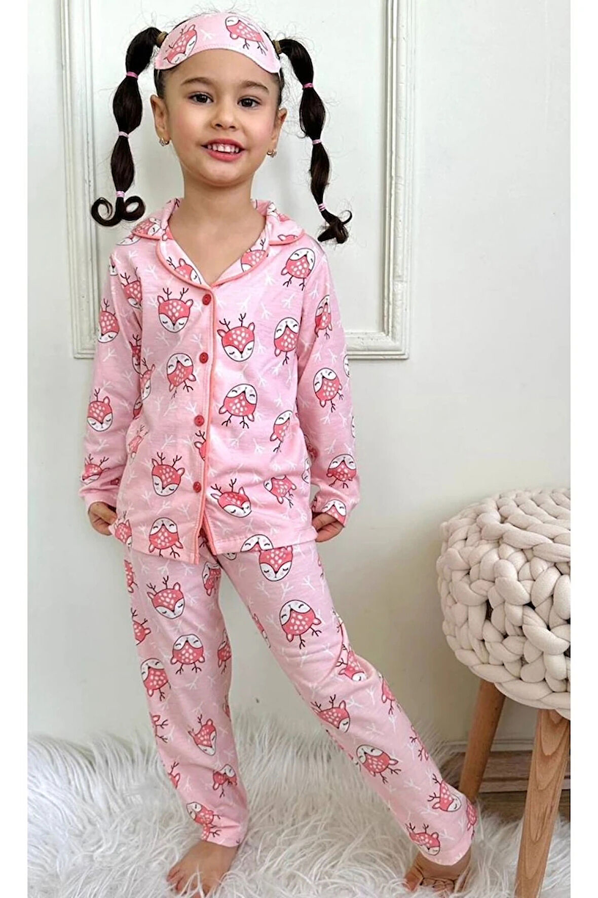 PJKÖ Geyikcik Desenli Pembe Uzun Kollu Önden Düğmeli Kız Çocuk Pijama Takımı 4-12 Yaş 541U-P