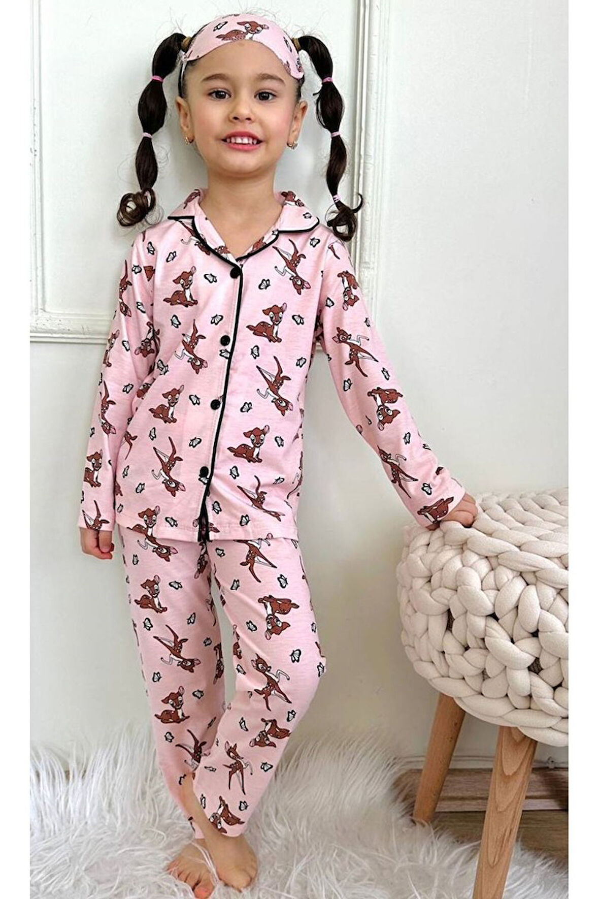 PJKÖ Geyik ve Kelebek Desenli Pembe Uzun Kollu Önden Düğmeli Kız Çocuk Pijama Takımı 4-12 Yaş 542U-P