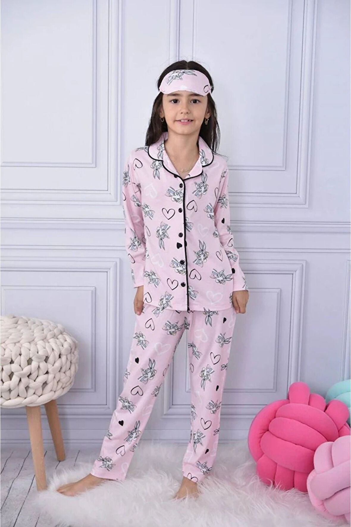 1+1PJKÖ Tavşan Desenli Pembe Uzun Kollu Önden Düğmeli Kız Çocuk Pijama Takımı 4-6 Yaş 0589U