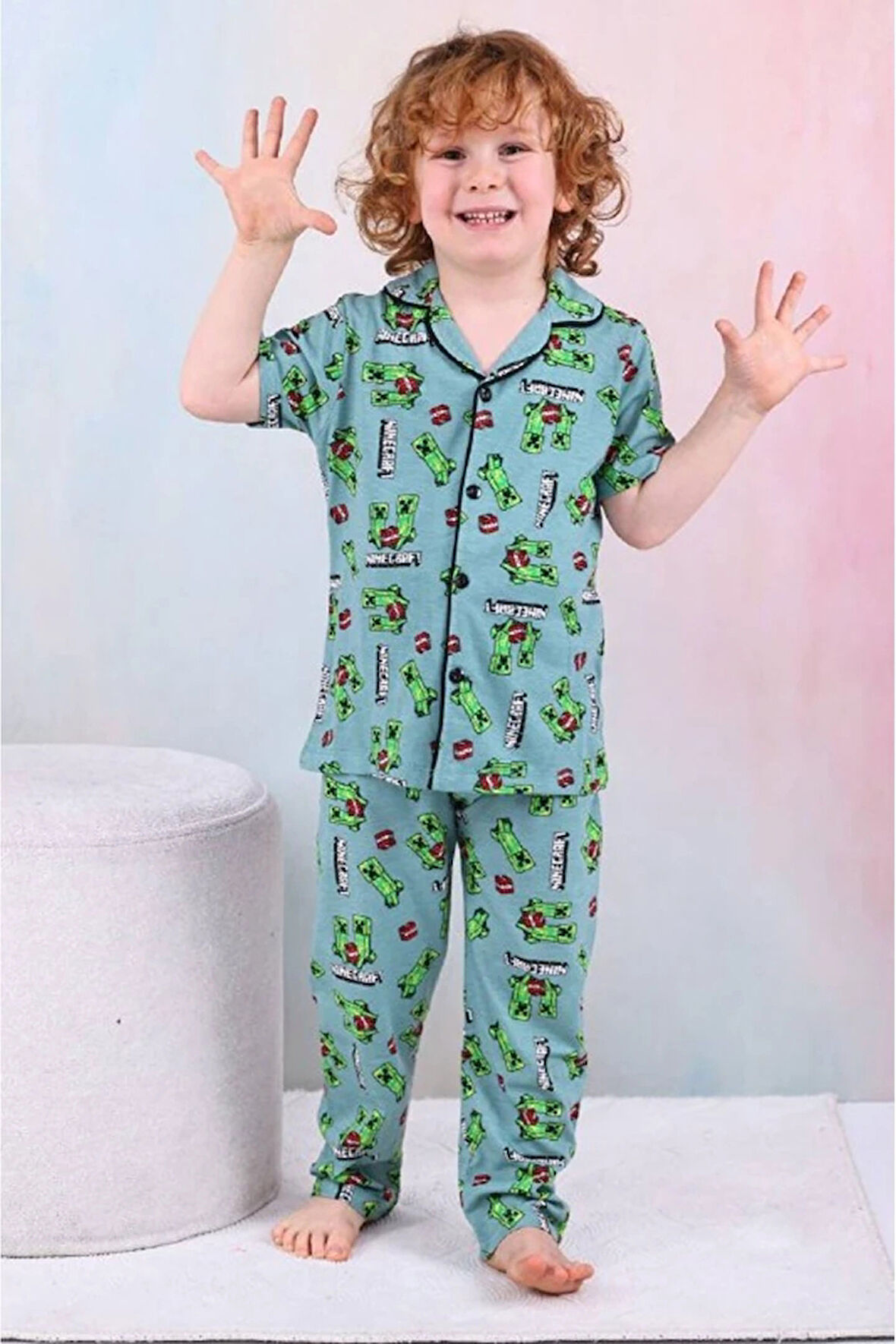 PJKÖ Minec Desenli Mavi Kısa Kollu Önden Düğmeli Erkek Çocuk Pijama Takımı 4-12 Yaş 604K