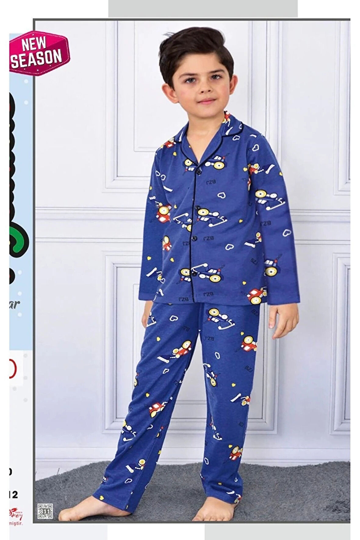 PJKÖ Kepçe Desenli Lacivert Uzun Kollu Önden Düğmeli Erkek Çocuk Pijama Takımı 4-12 Yaş 710U