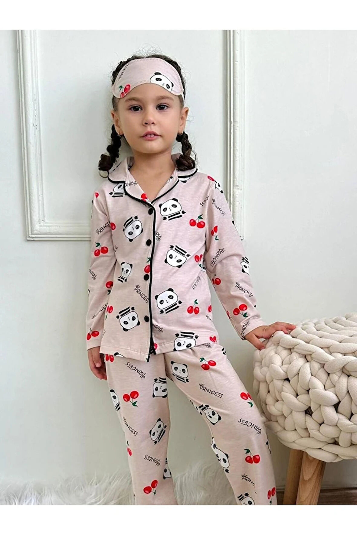 PJKÖ Ayıcık Desenli Pembe Uzun Kollu Önden Düğmeli Kız Çocuk Pijama Takımı 4-12 Yaş 715U