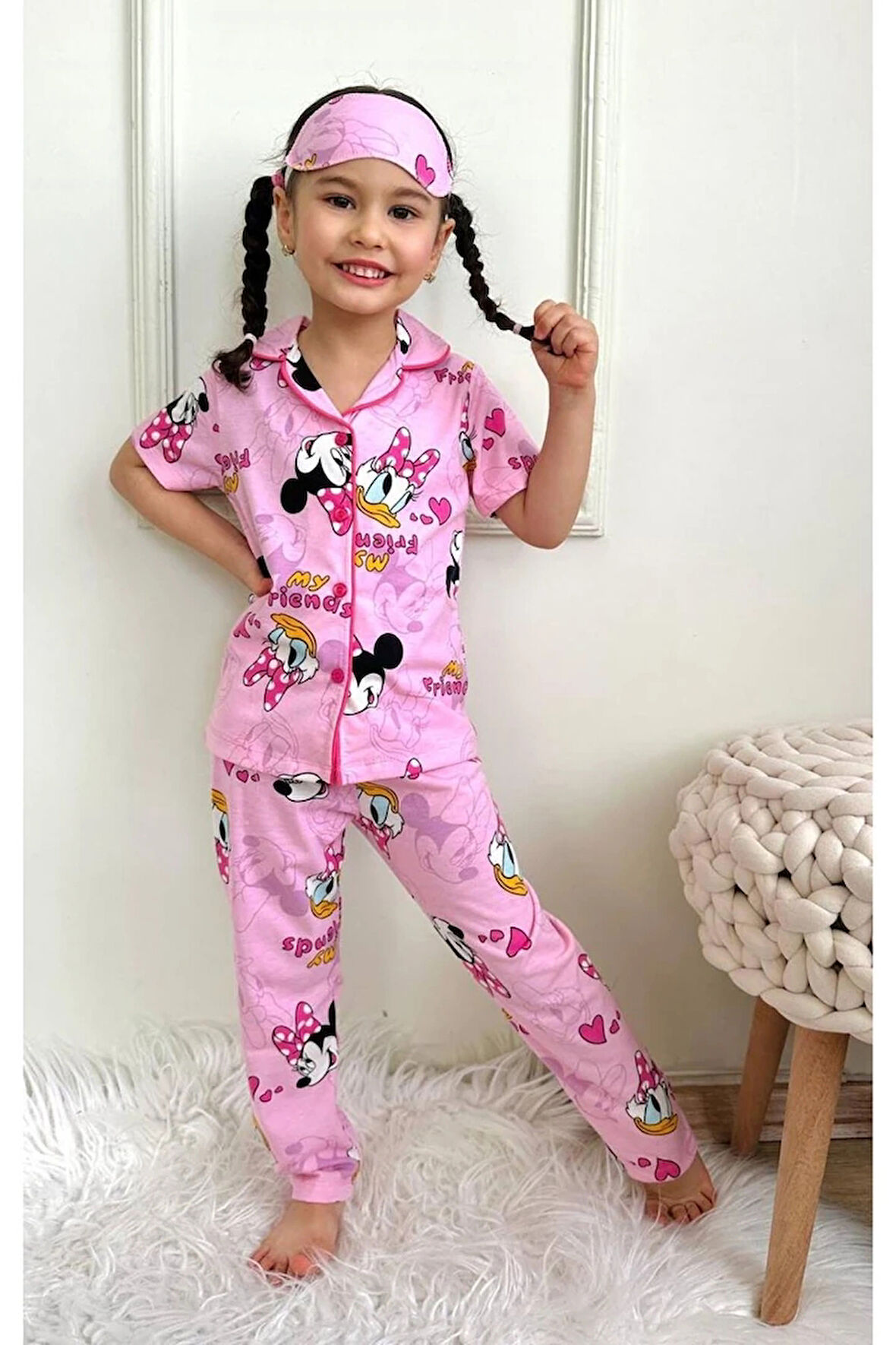 PJKÖ Minnie Mause Desenli Pembe Kısa Kollu Önden Düğmeli Kız Çocuk Pijama Takımı 4-12 Yaş 722K