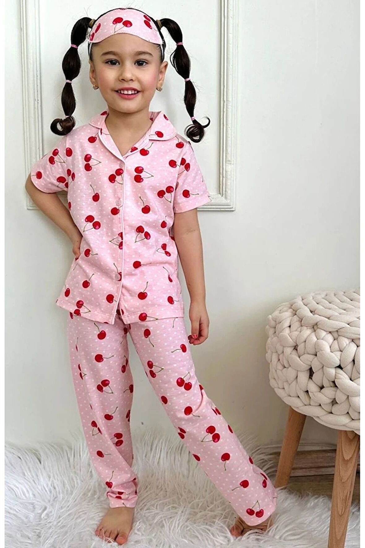 PJKÖ Kiraz Desenli Pembe Kısa Kollu Önden Düğmeli Kız Çocuk Pijama Takımı 4-12 Yaş 728K