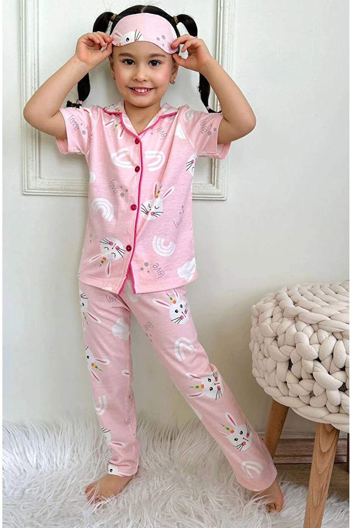 PJKÖ Tavşan Desenli Pembe Kısa Kollu Önden Düğmeli Kız Çocuk Pijama Takımı 4-12 Yaş 729K
