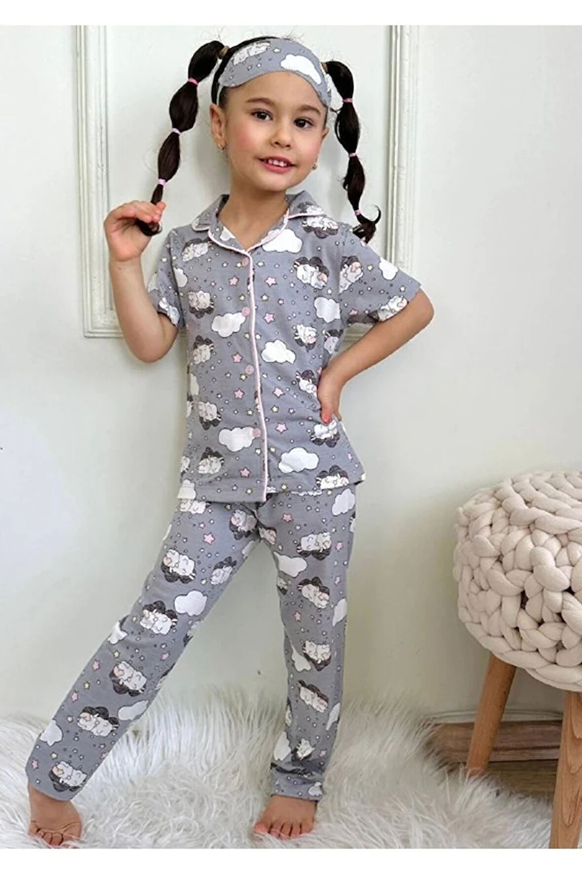 PJKÖ Bulut Desenli Gri Kısa Kollu Önden Düğmeli Kız Çocuk Pijama Takımı 4-12 Yaş 730K