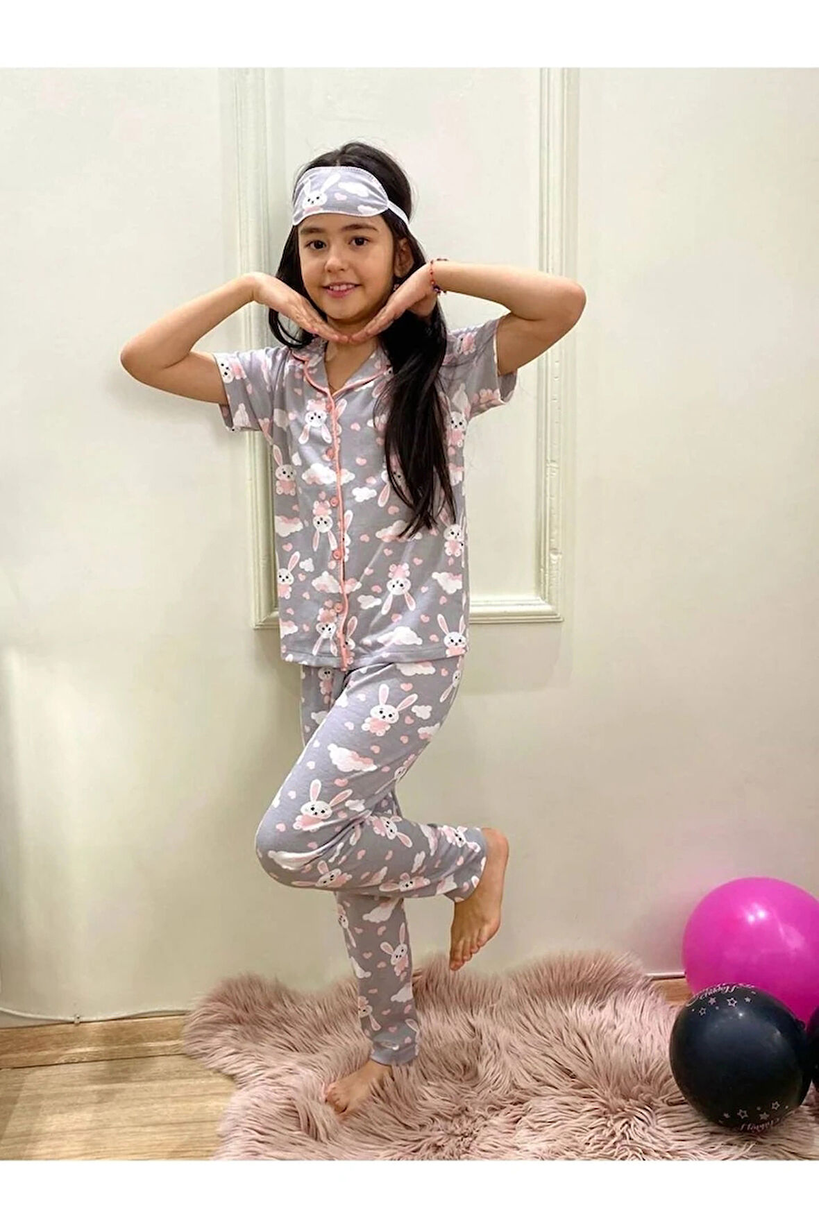 PJKÖ Tavşan Desenli Gri Kısa Kollu Önden Düğmeli Kız Çocuk Pijama Takımı 4-12 Yaş 927K