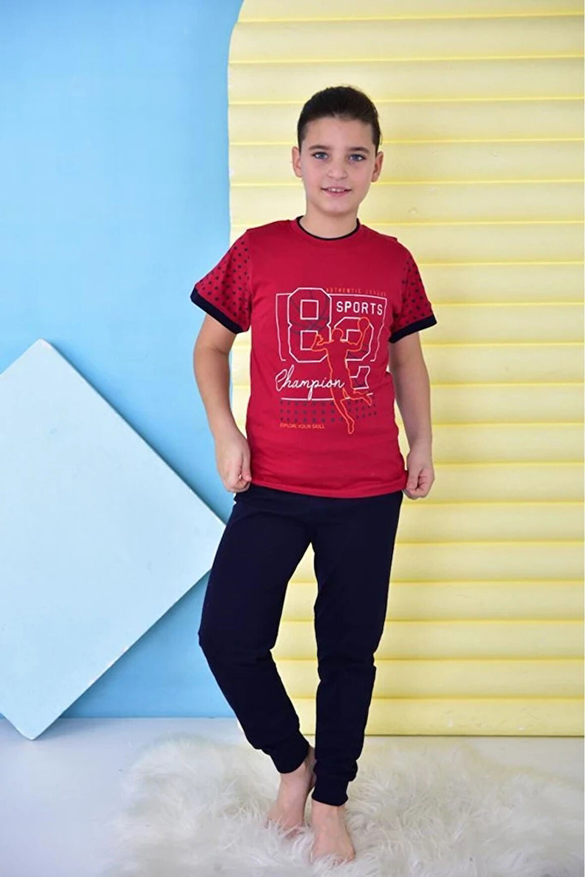 KAPİP Bordo 82 Sport Baskılı Kısa Kollu Erkek Çocuk Pijama Takımı 11-15 Yaş 5046-B