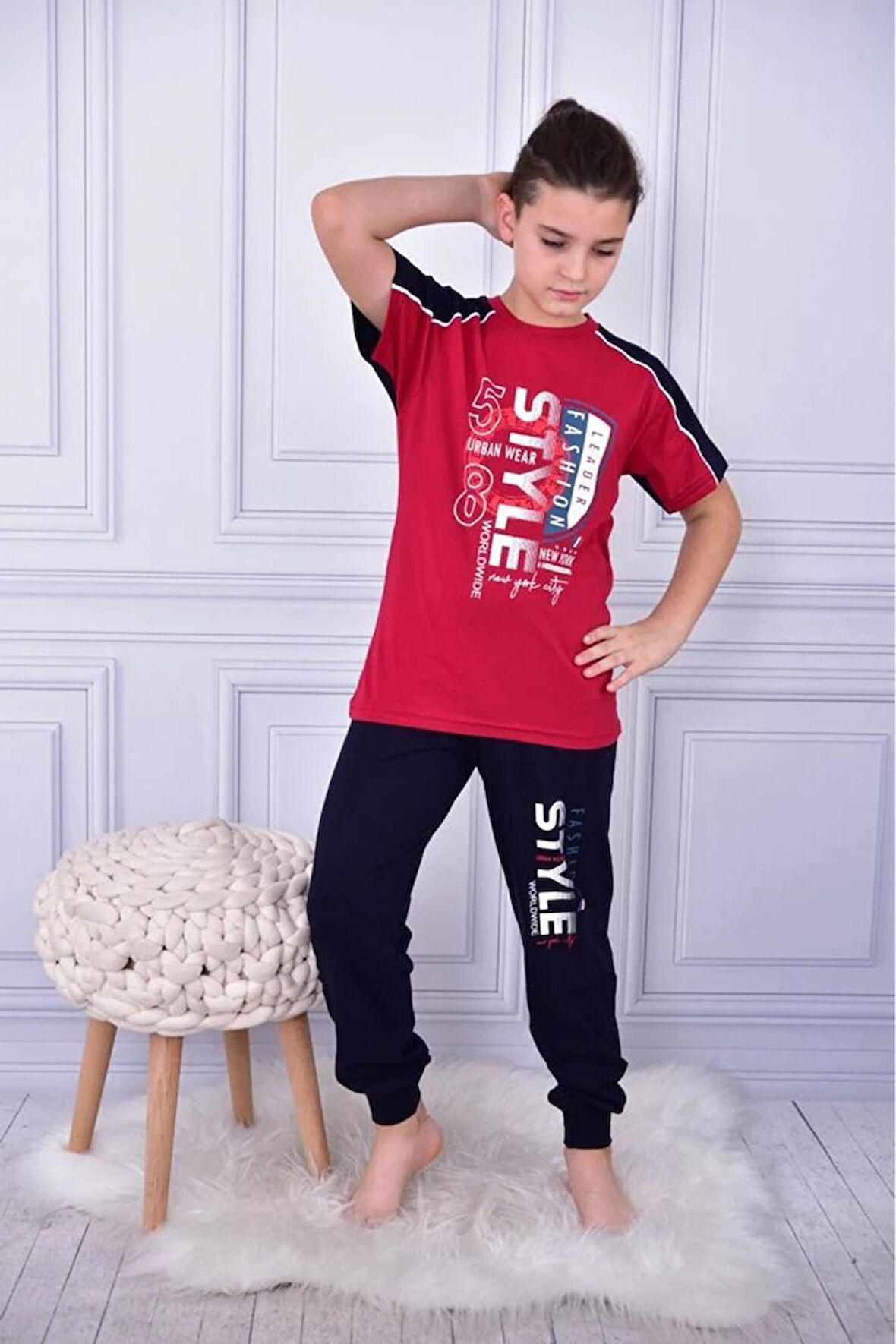 KAPİP Bordo Steyle Baskılı Kısa Kollu Erkek Çocuk Pijama Takımı 11-15 Yaş 5056-B