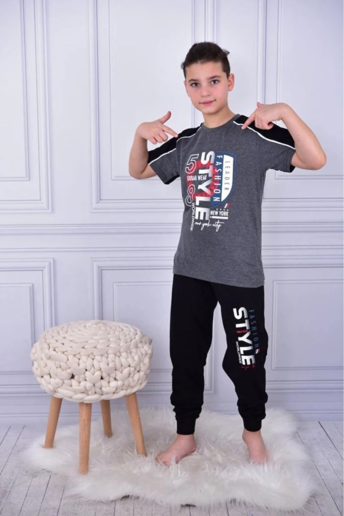 KAPİP Füme Steyle Baskılı Kısa Kollu Erkek Çocuk Pijama Takımı 11-15 Yaş 5056-F