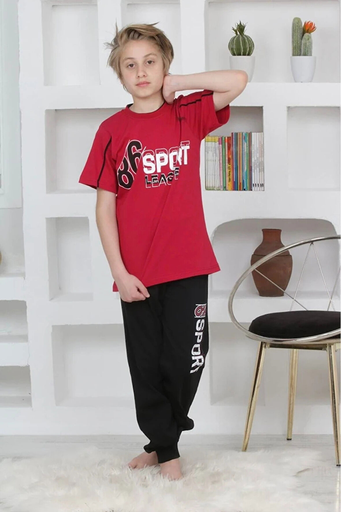 KAPİP Bordo Sport Baskılı Kısa Kollu Erkek Çocuk Pijama Takımı 11-15 Yaş 5093-B
