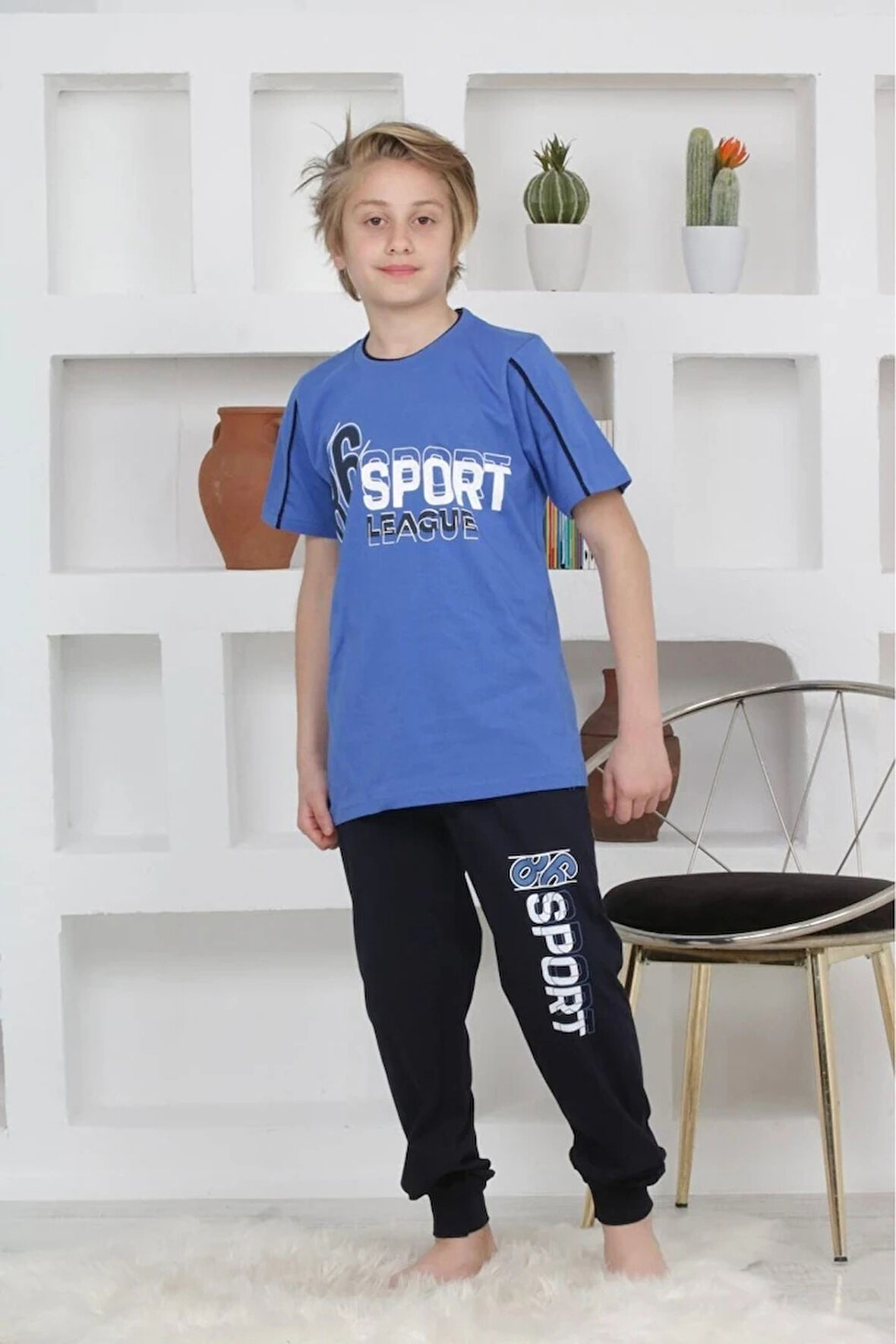 KAPİP Mavi Sport Baskılı Kısa Kollu Erkek Çocuk Pijama Takımı 11-15 Yaş 5093-M