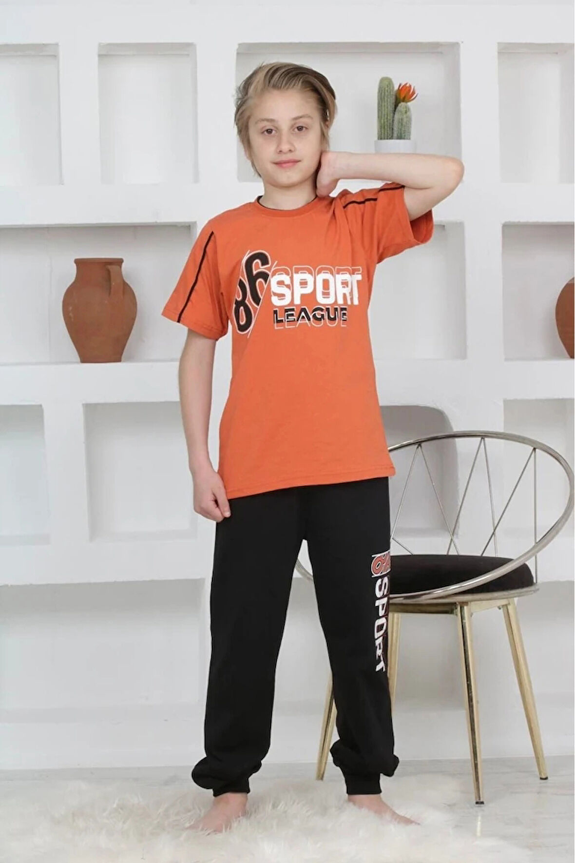 KAPİP Turuncu Sport Baskılı Kısa Kollu Erkek Çocuk Pijama Takımı 11-15 Yaş 5093-T