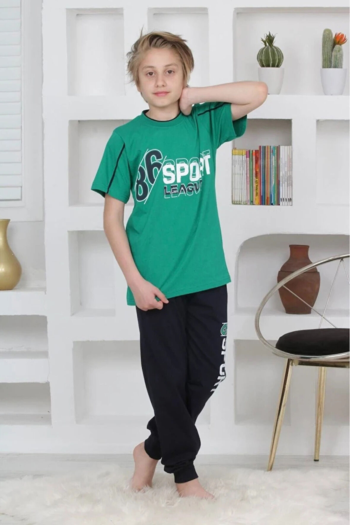 KAPİP Yeşil Sport Baskılı Kısa Kollu Erkek Çocuk Pijama Takımı 11-15 Yaş 5093-Y