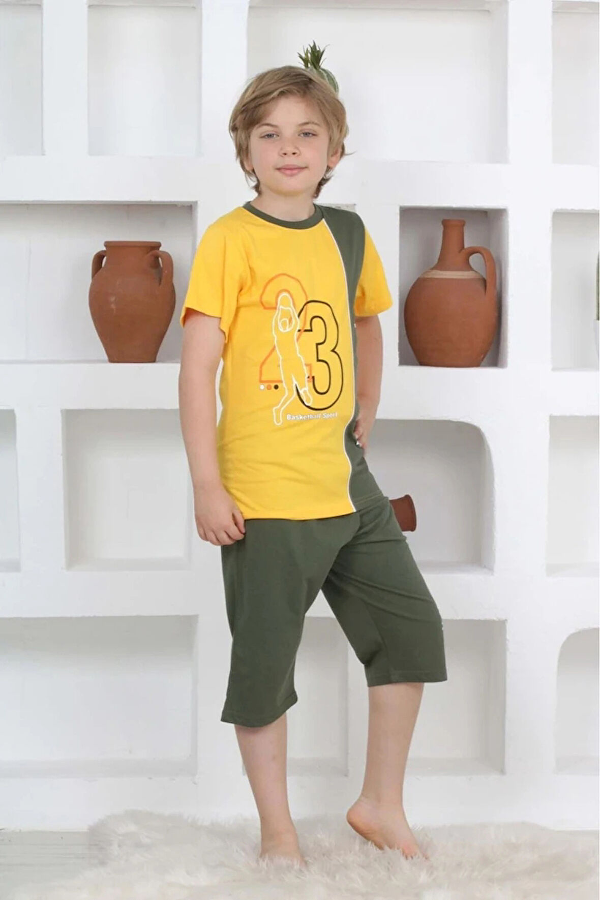 KAPİP Sarı Basketball Baskılı Kısa Kollu Kaprili Erkek Çocuk Pijama Takımı 11-15 Yaş 5104-S