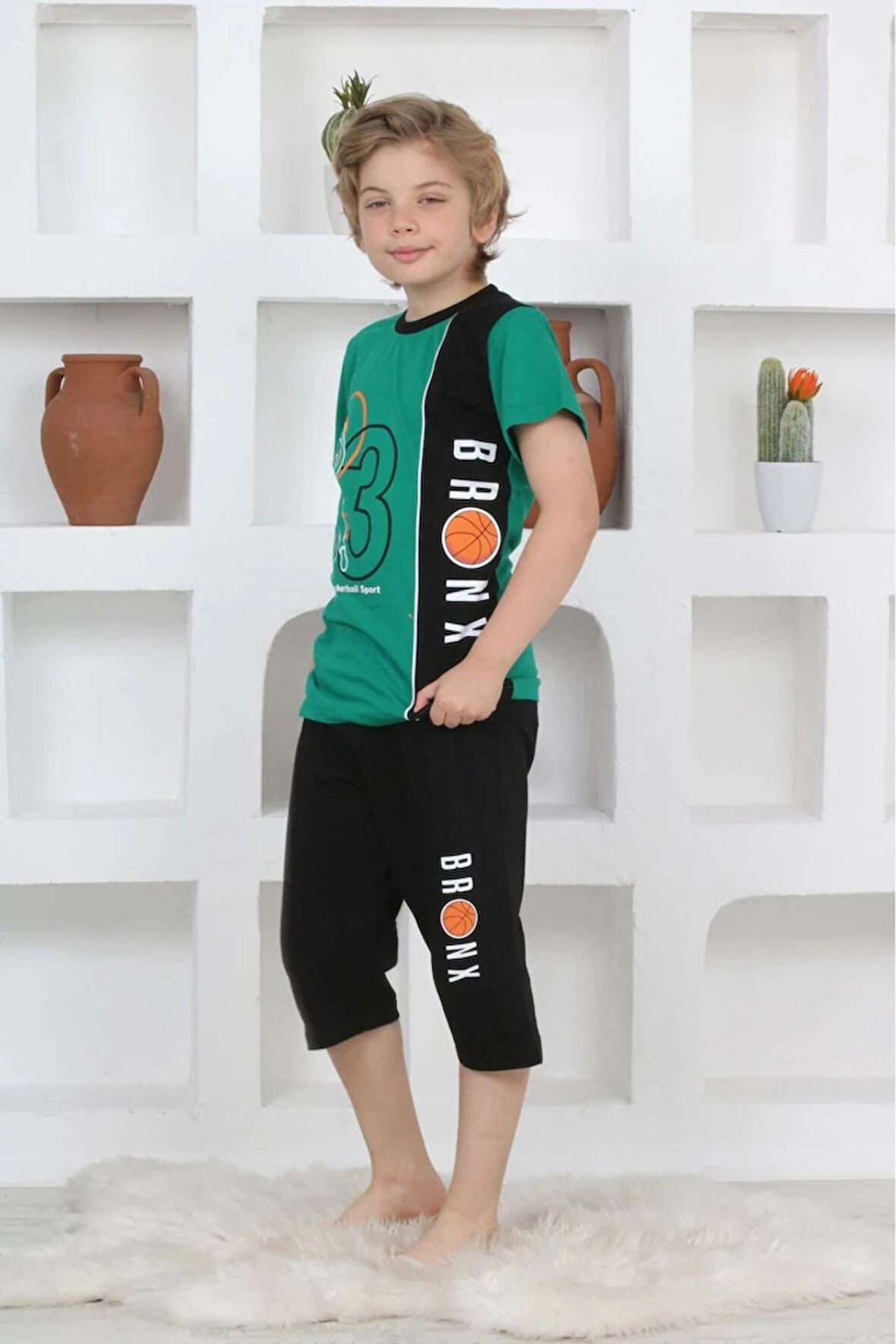 KAPİP Yeşil Basketball Baskılı Kısa Kollu Kaprili Erkek Çocuk Pijama Takımı 11-15 Yaş 5104-Y