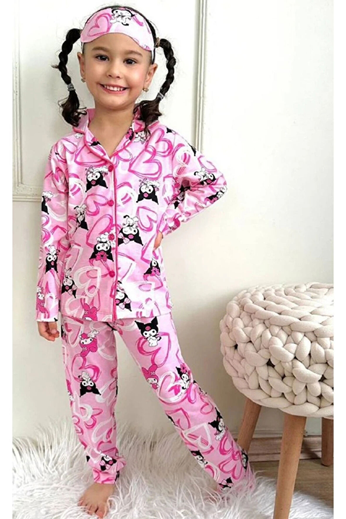 1+1PJKÖ Kuromi Desen Pembe Uzun Kollu Önden Düğmeli Kız Çocuk Pijama Takımı 4-12 Yaş 537U-P