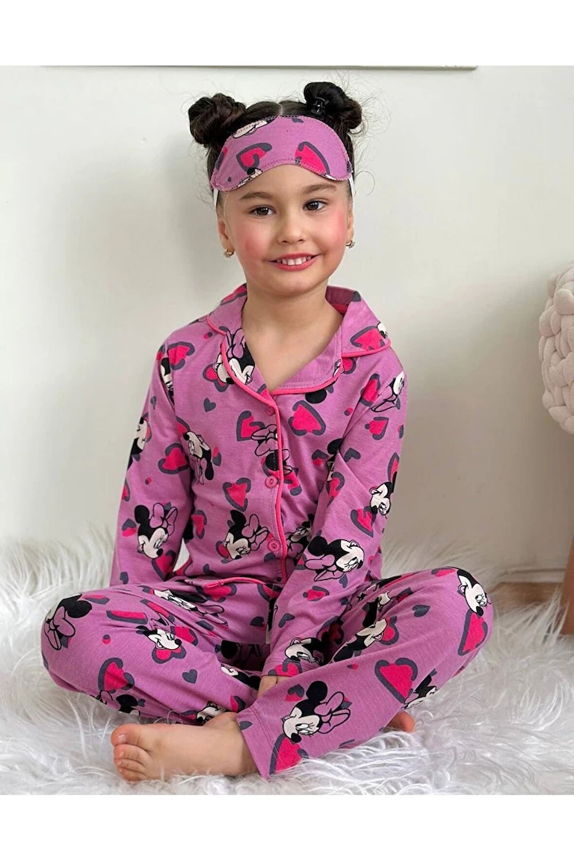 PJKÖ Minnie Mause Desen Mor Uzun Kollu Önden Düğmeli Kız Çocuk Pijama Takımı 4-12 Yaş 543U-M