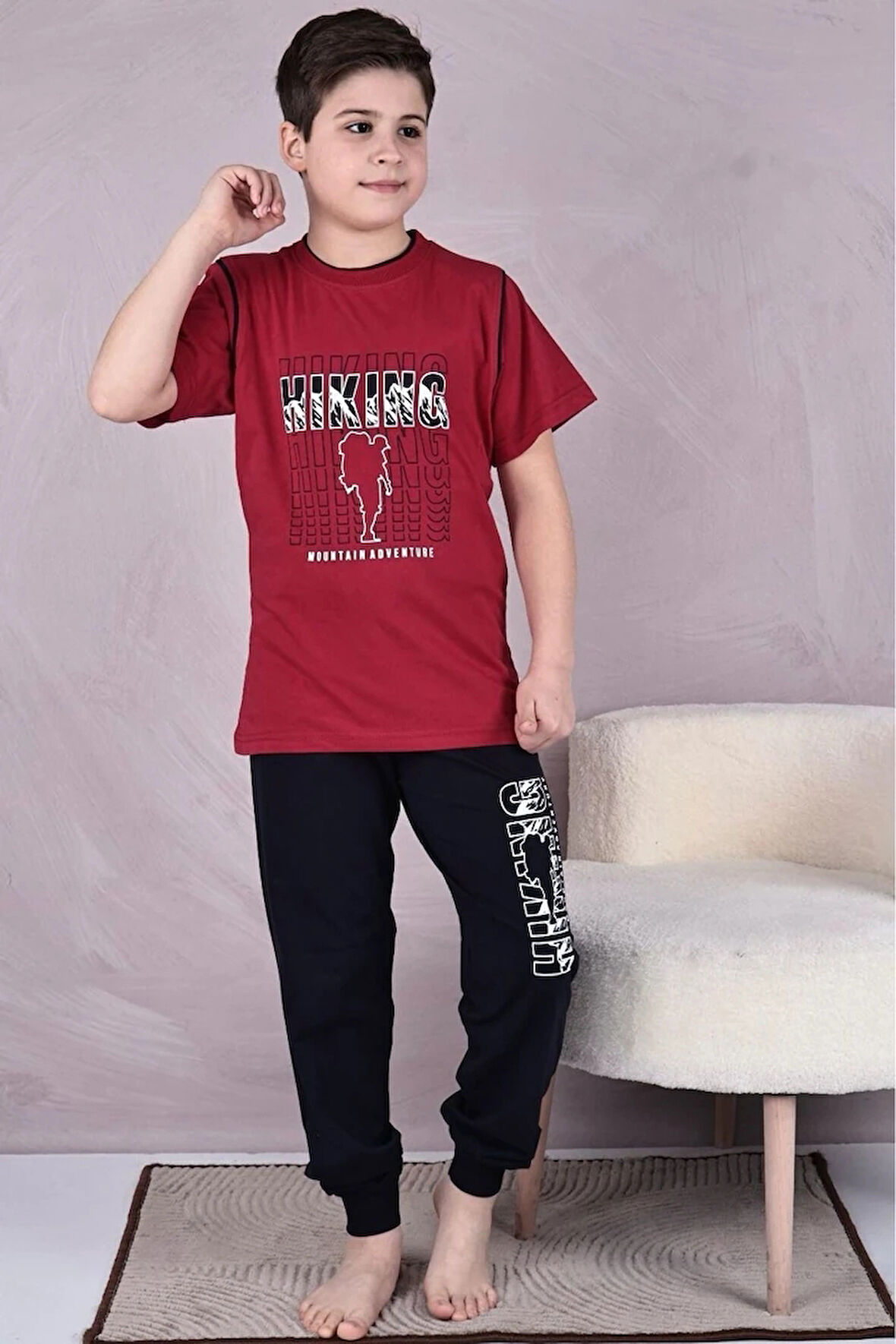 KAPİP Bordo Hıkıng Baskılı Kısa Kollu Erkek Çocuk Pijama Takımı 11-15 Yaş 7025-B