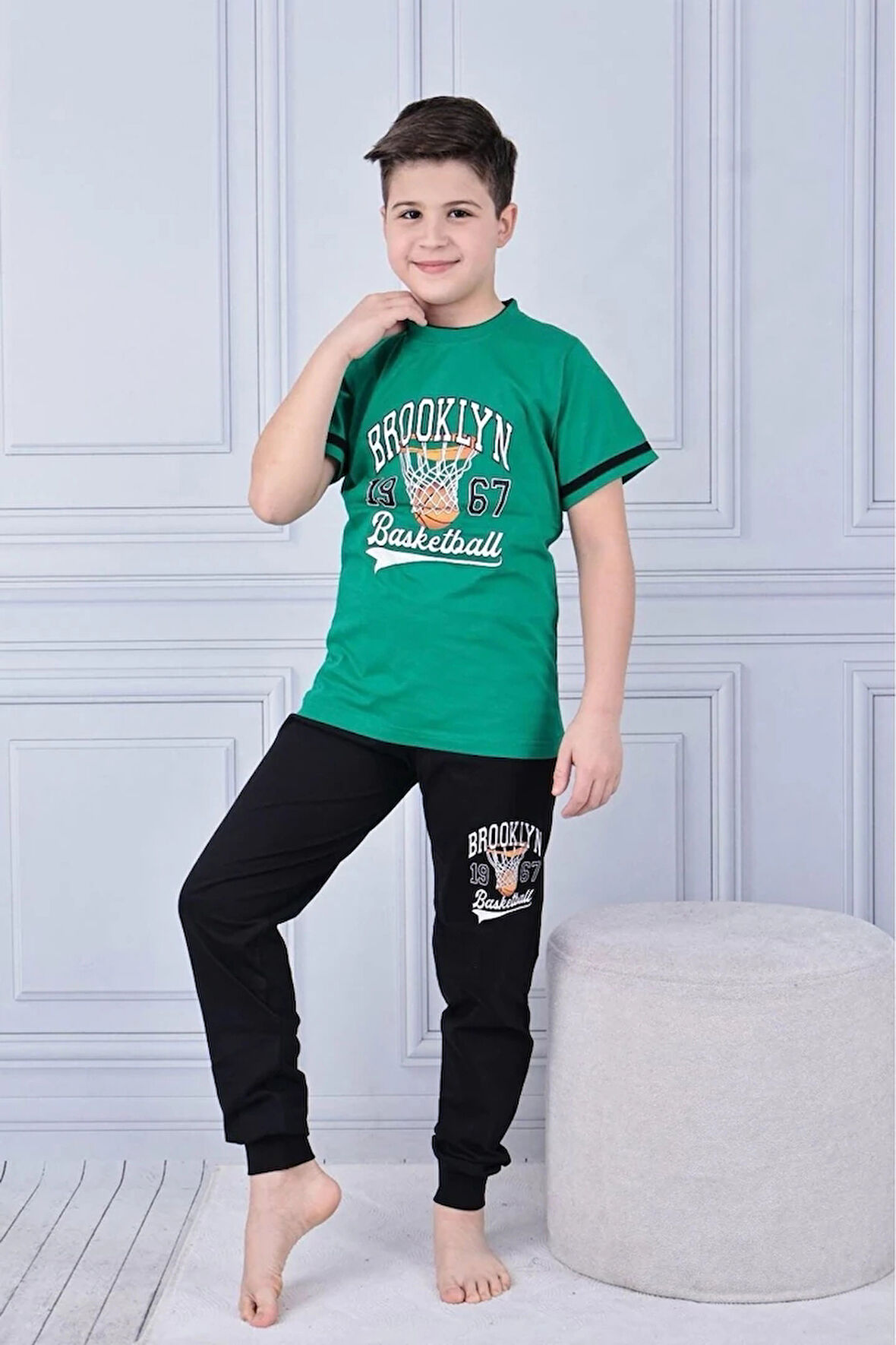 KAPİP Yeşil Brooklyn Baskılı Kısa Kollu Erkek Çocuk Pijama Takımı 11-15 Yaş 7033-Y