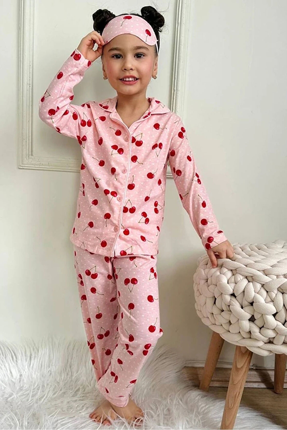 PJKÖ Kiraz Desenli Pembe Uzun Kollu Önden Düğmeli Kız Çocuk Pijama Takımı 4-12 Yaş 728U-P