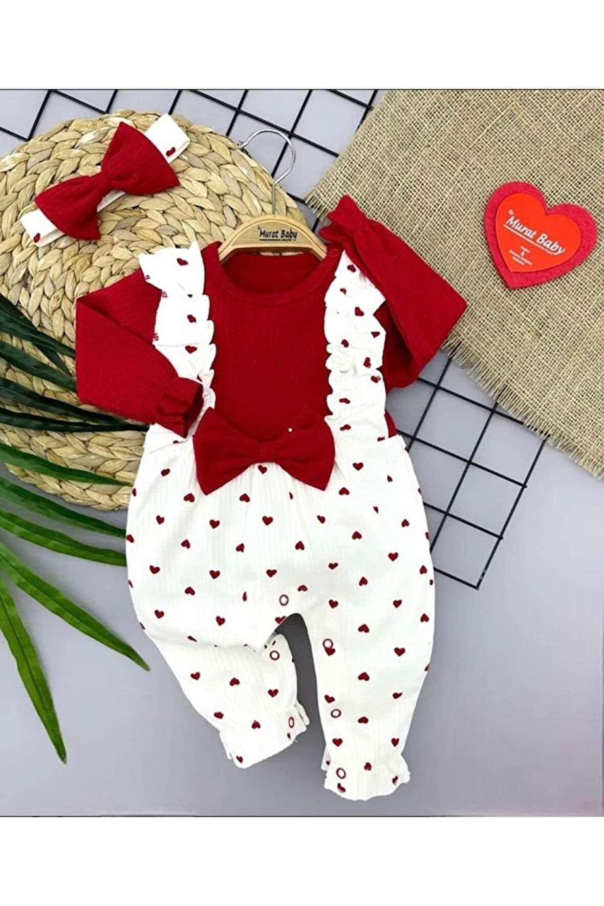 %100 Pamuk Önü Fırfırlı Kalpli Saç Bantlı Kız Tulum 3-12 Ay 7947