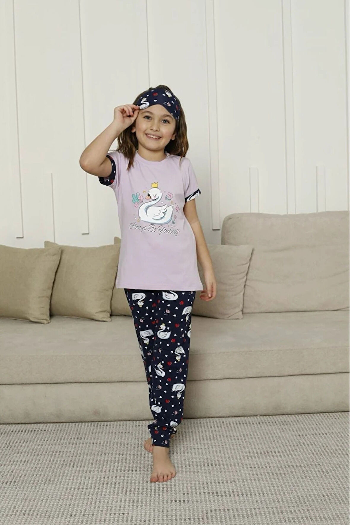 KAPİP Lila Kuğu Baskılı Kısa Kollu Kız Çocuk Pijama Takımı 11-15 Yaş 8052-L