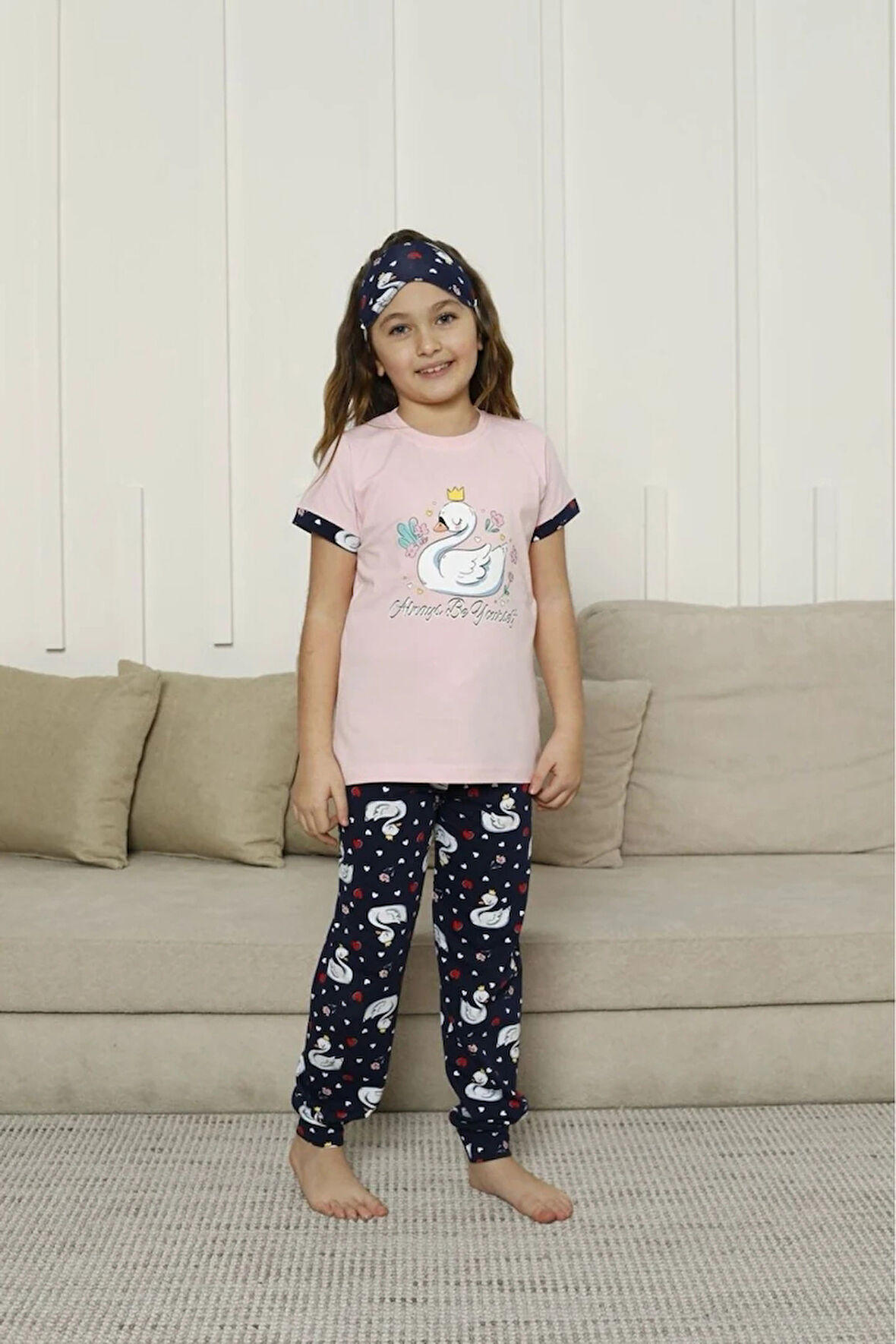 KAPİP Pembe Kuğu Baskılı Kısa Kollu Kız Çocuk Pijama Takımı 11-15 Yaş 8052-P