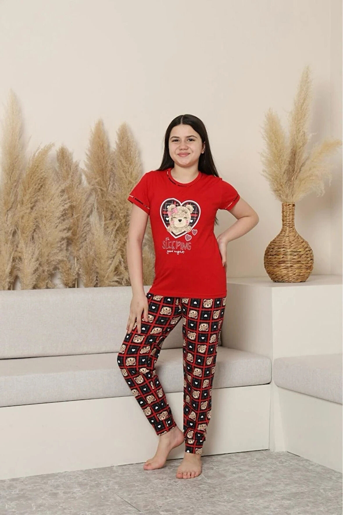 KAPİP Kırmızı Ayıcık Baskılı Kısa Kollu Kız Çocuk Pijama Takımı 11-15 Yaş 8055-K