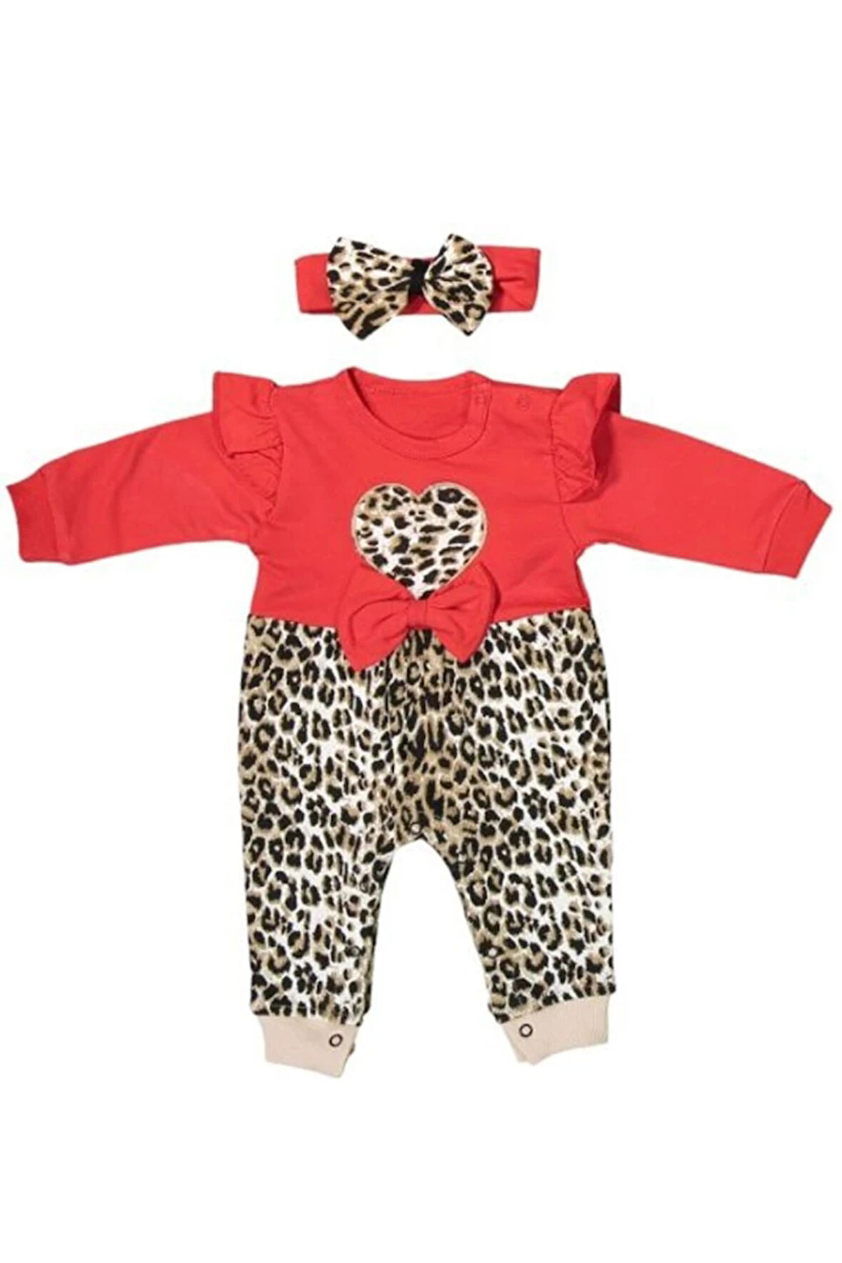%100 Pamuk Leoparlı Kalpli Fiyonklu Saç Bantlı Kız Tulum 3-12 Ay 8154