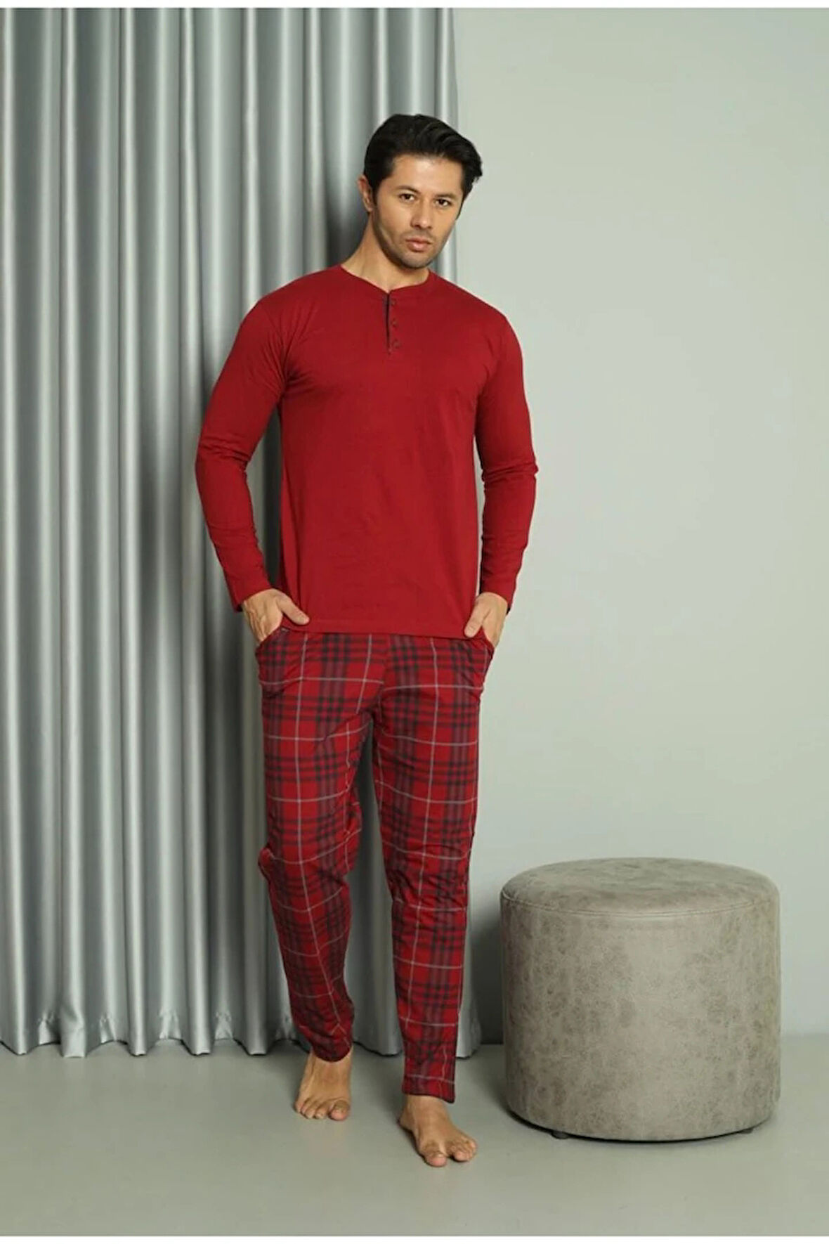 IŞILAY Bordo Önden 3 Düğmeli Ekose Pijamalı Yazlık Uzun Kollu Erkek Pijama Takımı 16586-B