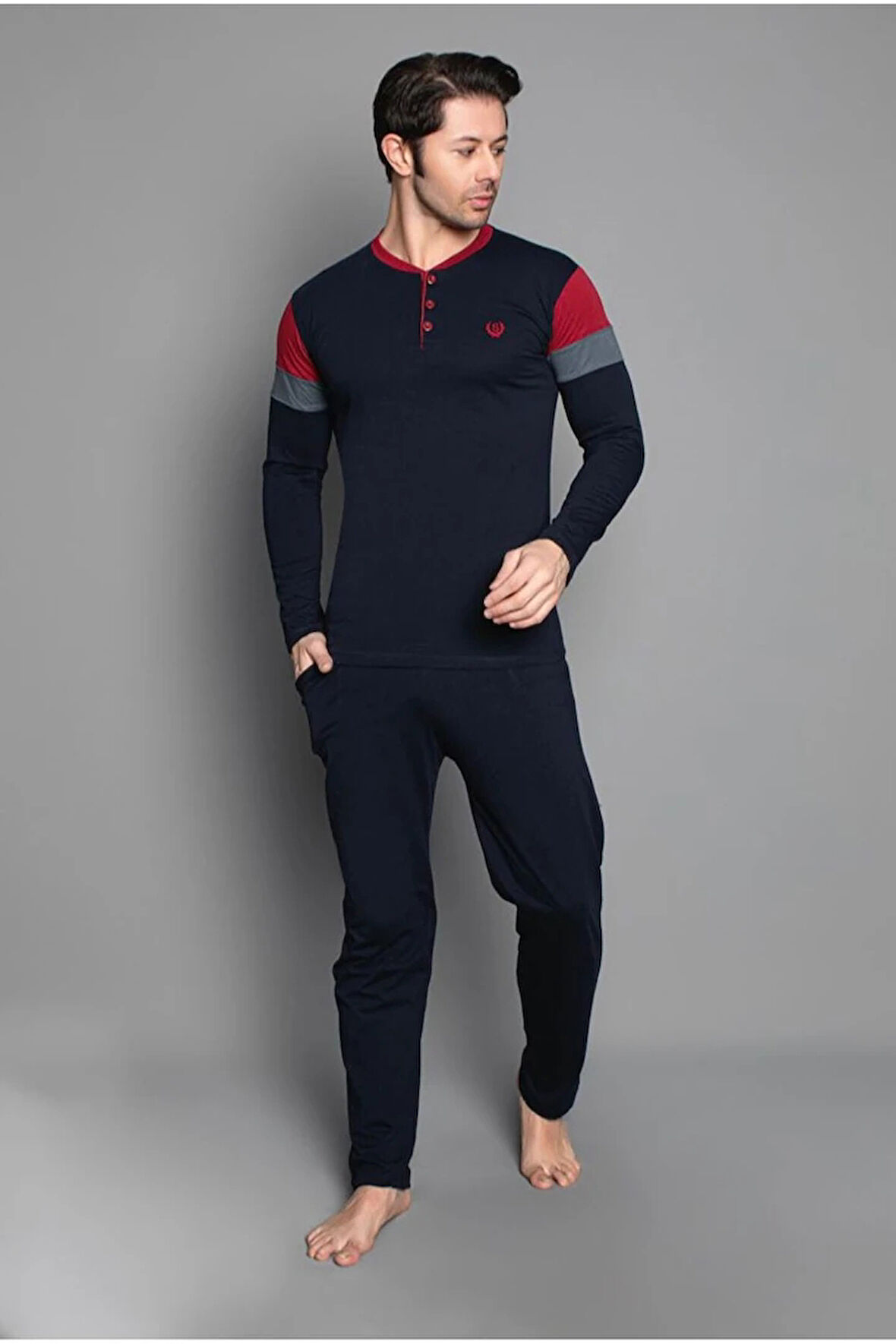 IŞILAY Lacivert-Bordo Önden 3 Düğmeli Yazlık Uzun Kollu Erkek Pijama Takımı 16643-B